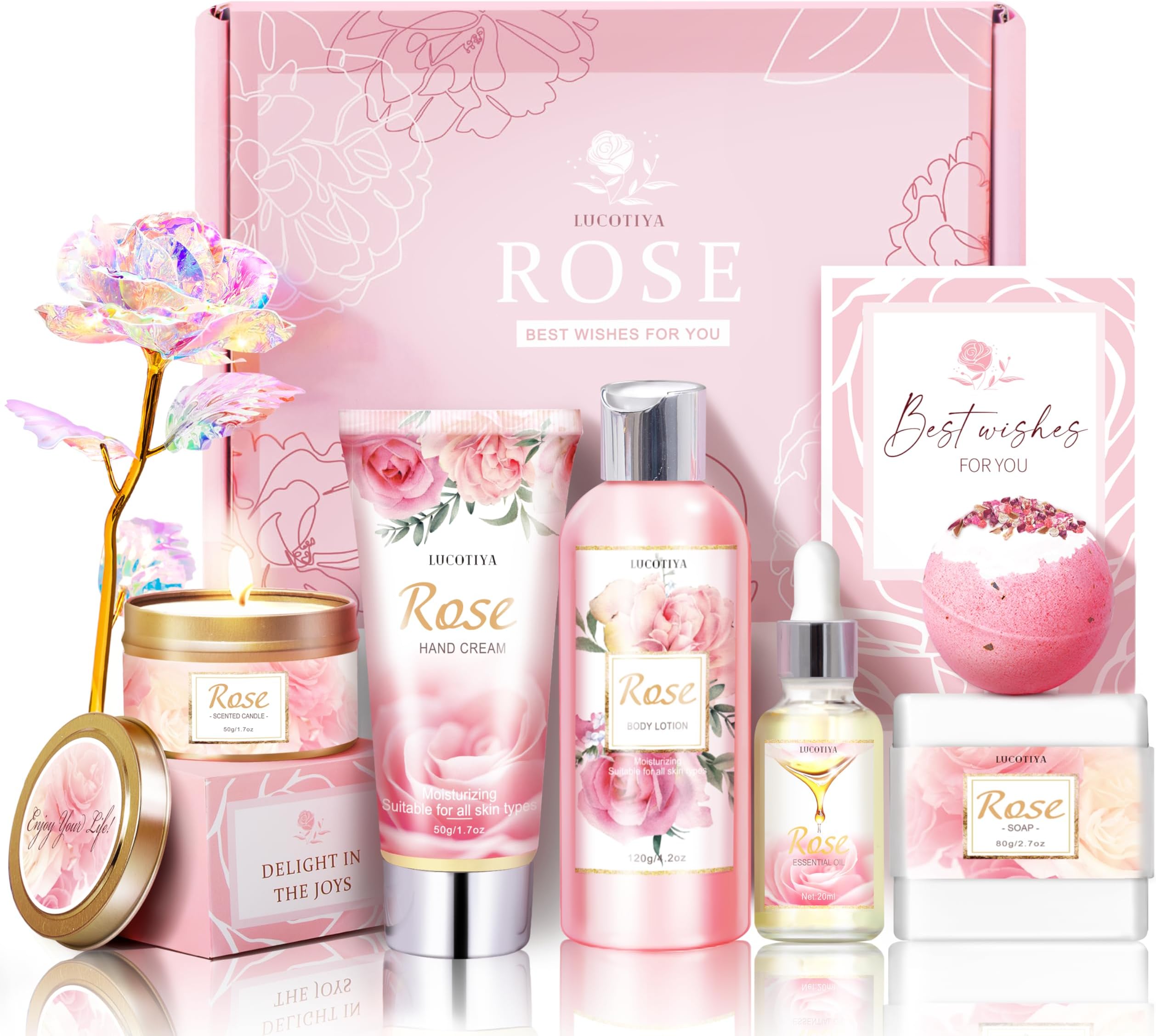 Gifts for Women, Happy Birthday Gifts for Women, Mothers Bath and Body Gift for Woman with Unique Rose Self Care Gift, Home Spa Gift Basket for Mom, Girlfriend, Sister, Female Friends, Coworker