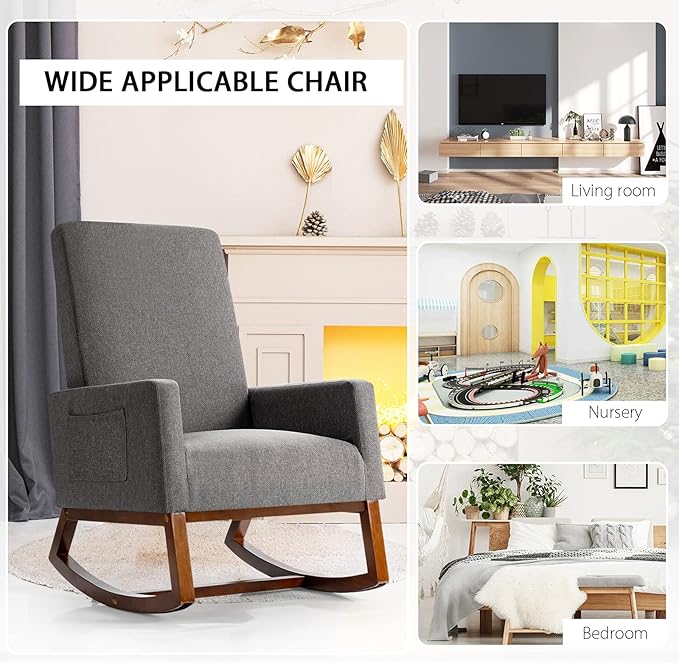 Sillón Mecedora Tela Lino Gris Base Madera miniatura 8