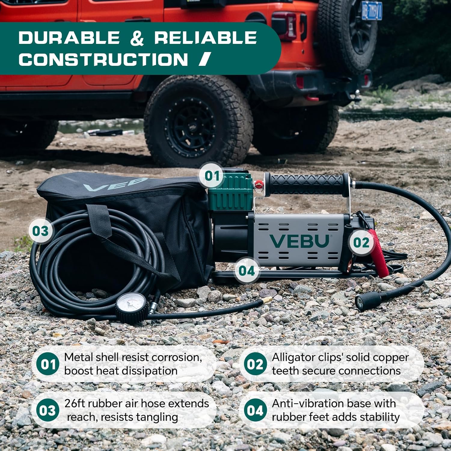 12V Air Compressor, 125PSI Tire Inflator with In-line Pressure Gauge, 5.65CFM Fast Inflation for Off-road Vehicles, Trucks, SUVs, RVs, ATVs, DC Power, Corded Electric