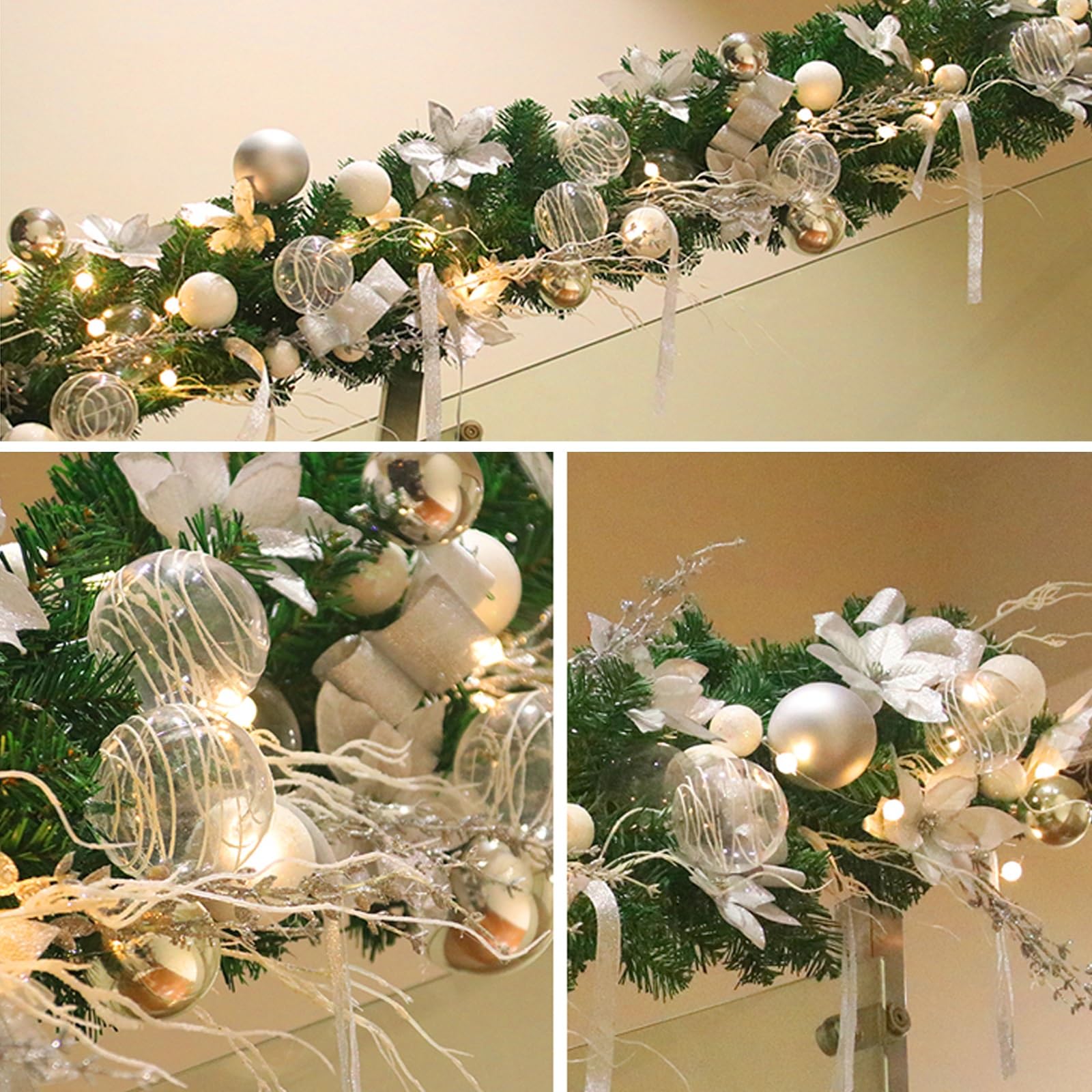 Kränze. 8,8 Fuß große Weihnachtsgirlande – dichte Norfolk-Girlande mit realistischem Touch – künstliche Rattan-Girlande for Weihnachten, Kaminsims, Tisch, Treppe, Heimdekoration(Silver)