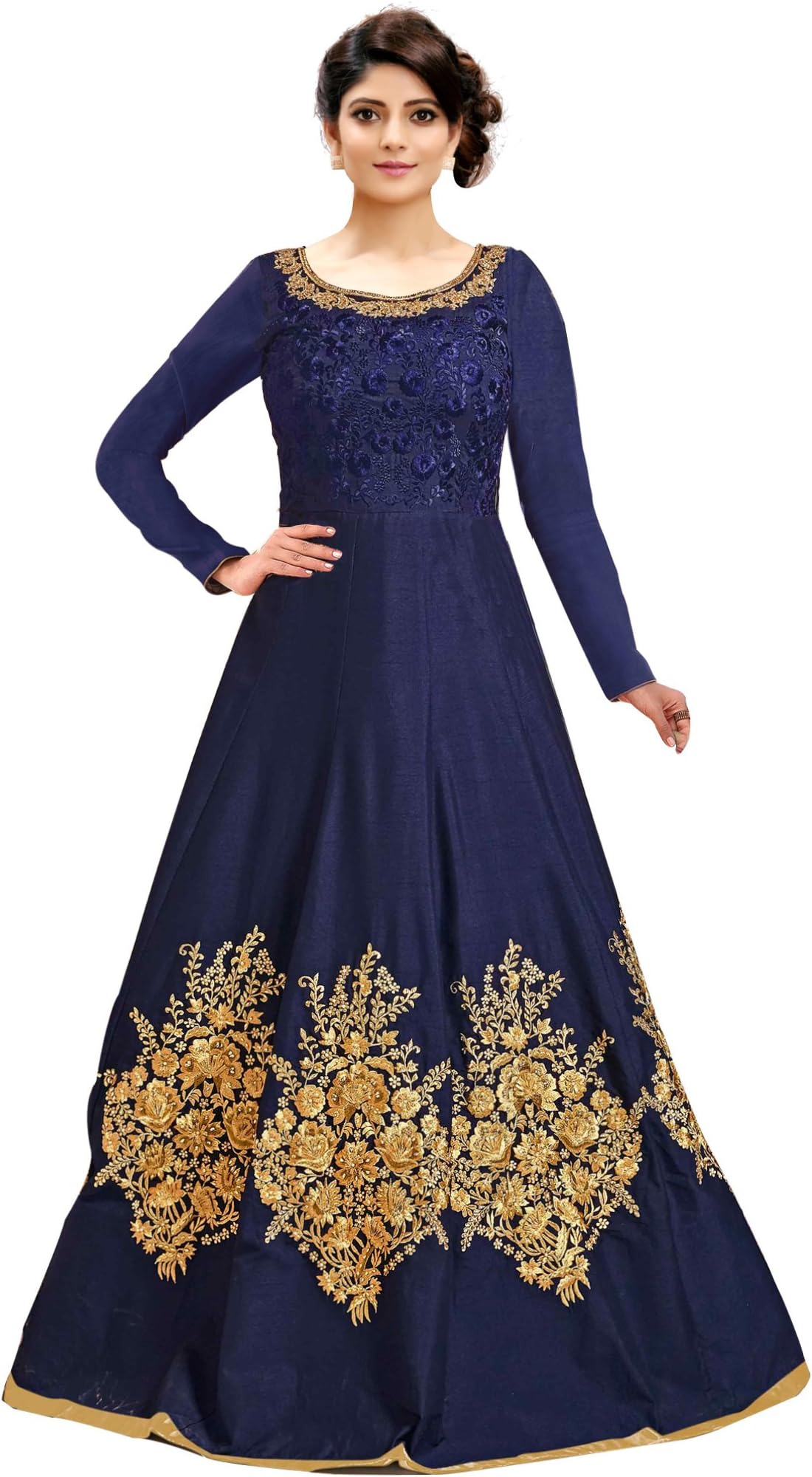 Siddeshwary Fab Women's Taffeta Silk Anarkali Gown (Navy Blue_ Free Size_Semi Stitched)