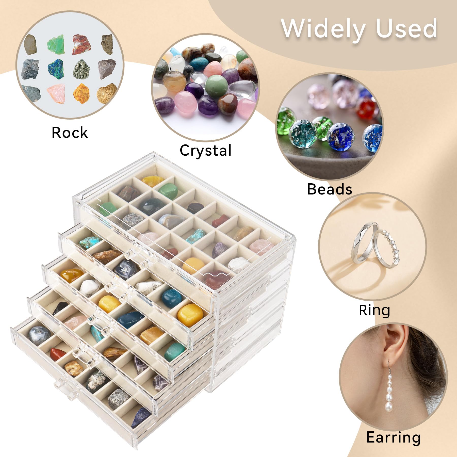 Rock Vitrine 5 tiroirs 90 grilles Acrylique Rock Boîte de rangement pour petites pierres précieuses Fossil Cristal Pierre Objets de collection (beige)
