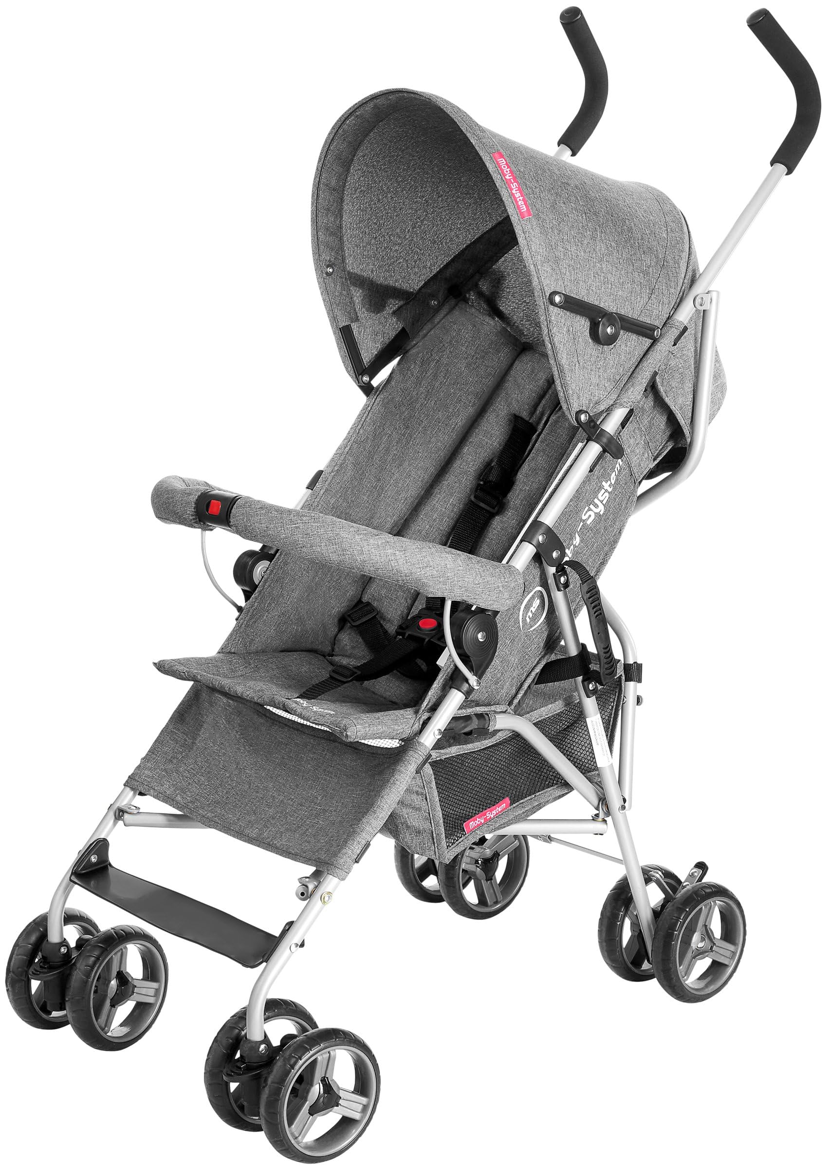 Moby-System Silla de Paseo Tipo Paraguas, Gris, Acero, Tejido y Plástico, para Niños, Arnés de 5 Puntos, Carga Máx. 15 kg