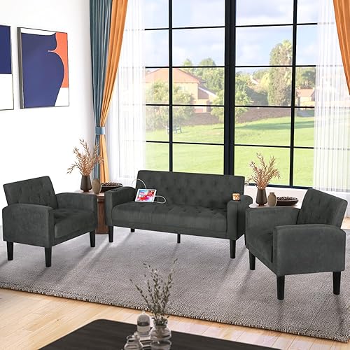 VAMEPOLE Sofá modular de 3 piezas, sofás de dos plazas con puertos de carga USB y portavasos y silla decorativa para juegos de muebles de sala de