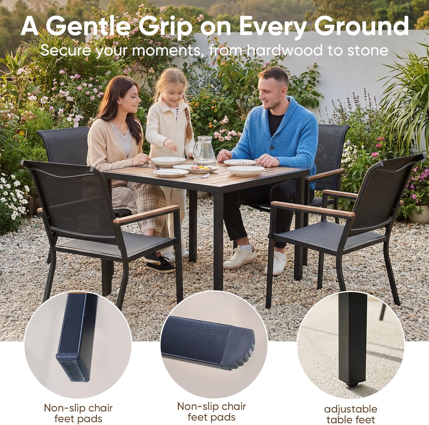 NATURAL EXPRESSIONS HDPS Patio Outdoor Table and Chairs Set for 4, Patio Dining Set with 4 Textilene Chair and 36” Square Fauxwood Patio Table with Umbrella Hole for Garden, Backyard, Deck (Black)