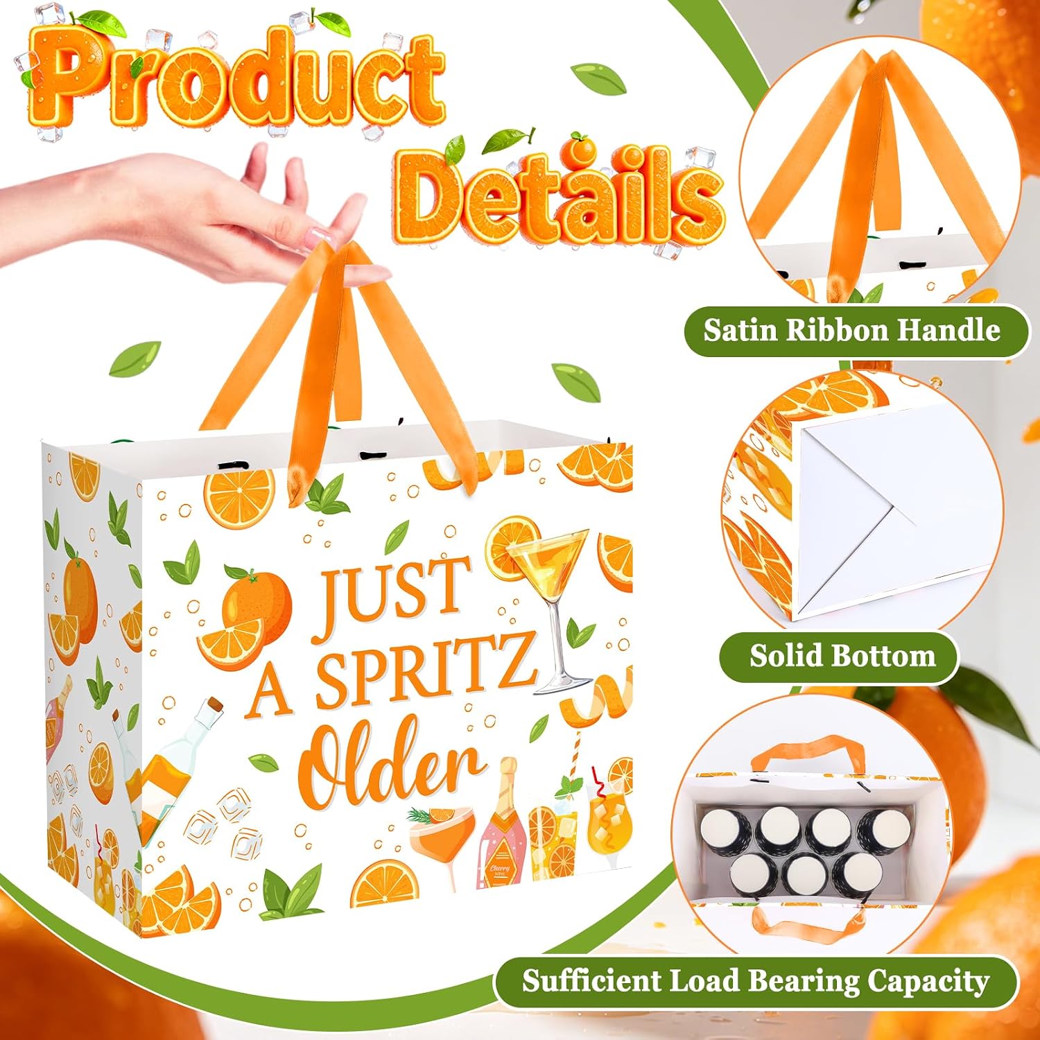 TagreSpike Just A Spritz Older Birthday Gift Bag for Women Summer Orange Citrus Cocktail Theme Gift Wrapping Bag with Tissue Paper & Card - Funny Fruit Party Supplies Presents for Best Friend Sister