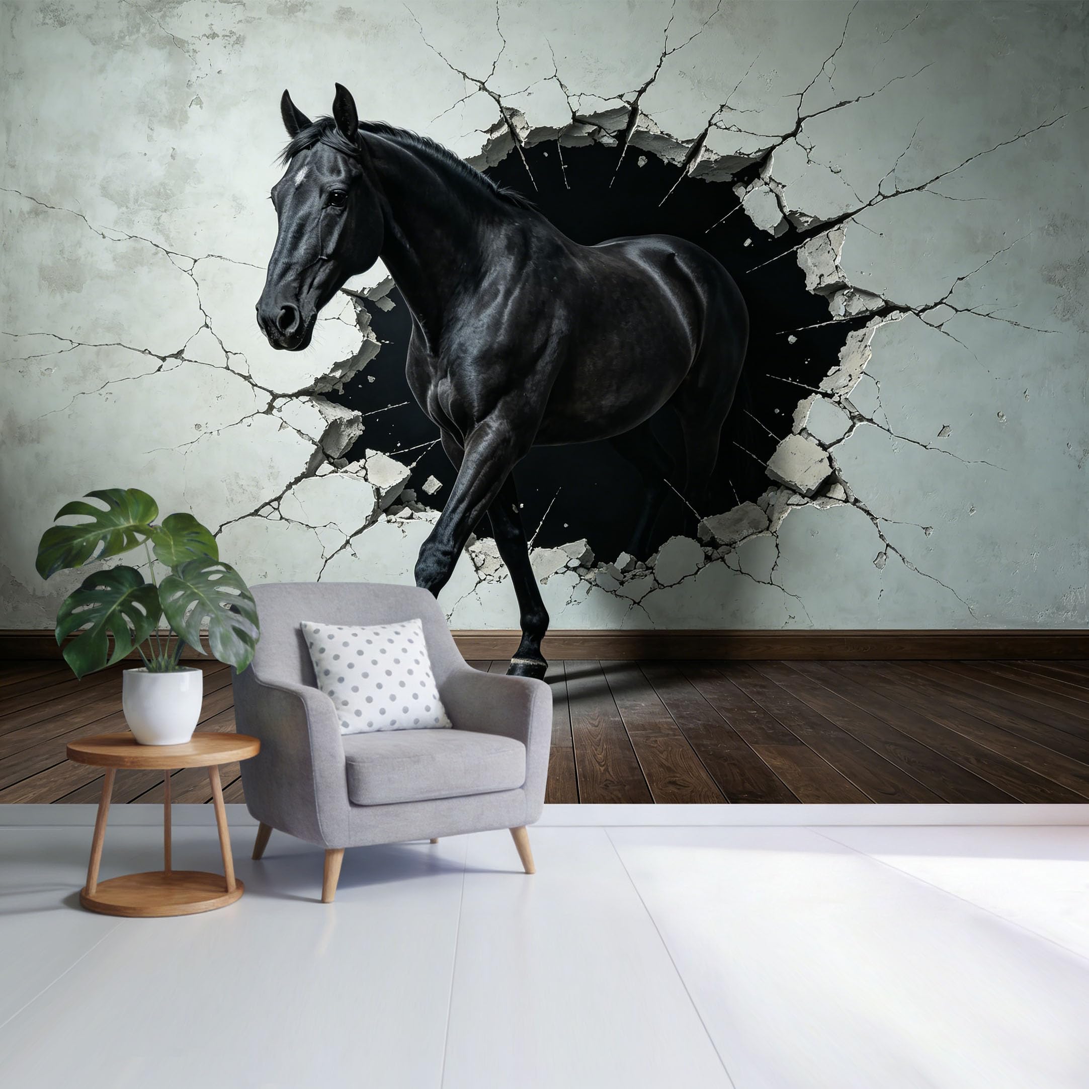 Custom Size Wall Mural Black Horse Running Through Broken Wall 3D Trompe L'Oeil Removable Self Adhesive Fabric Home Wall Decor for Living Room Bedroom Bathroom