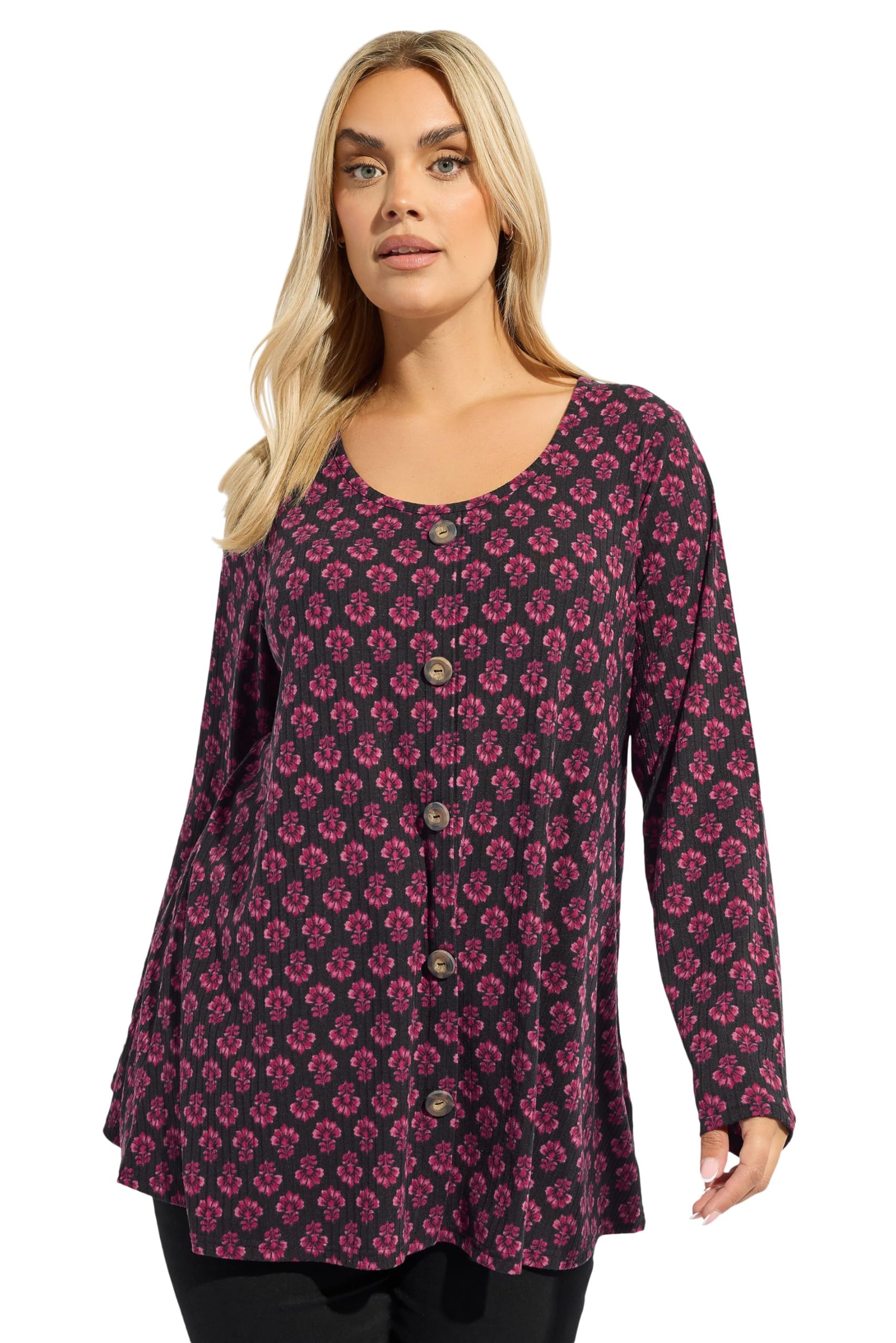 Yours Women's Pink Curve Floral Ribbed Button Swing Top - Plus Size Curve