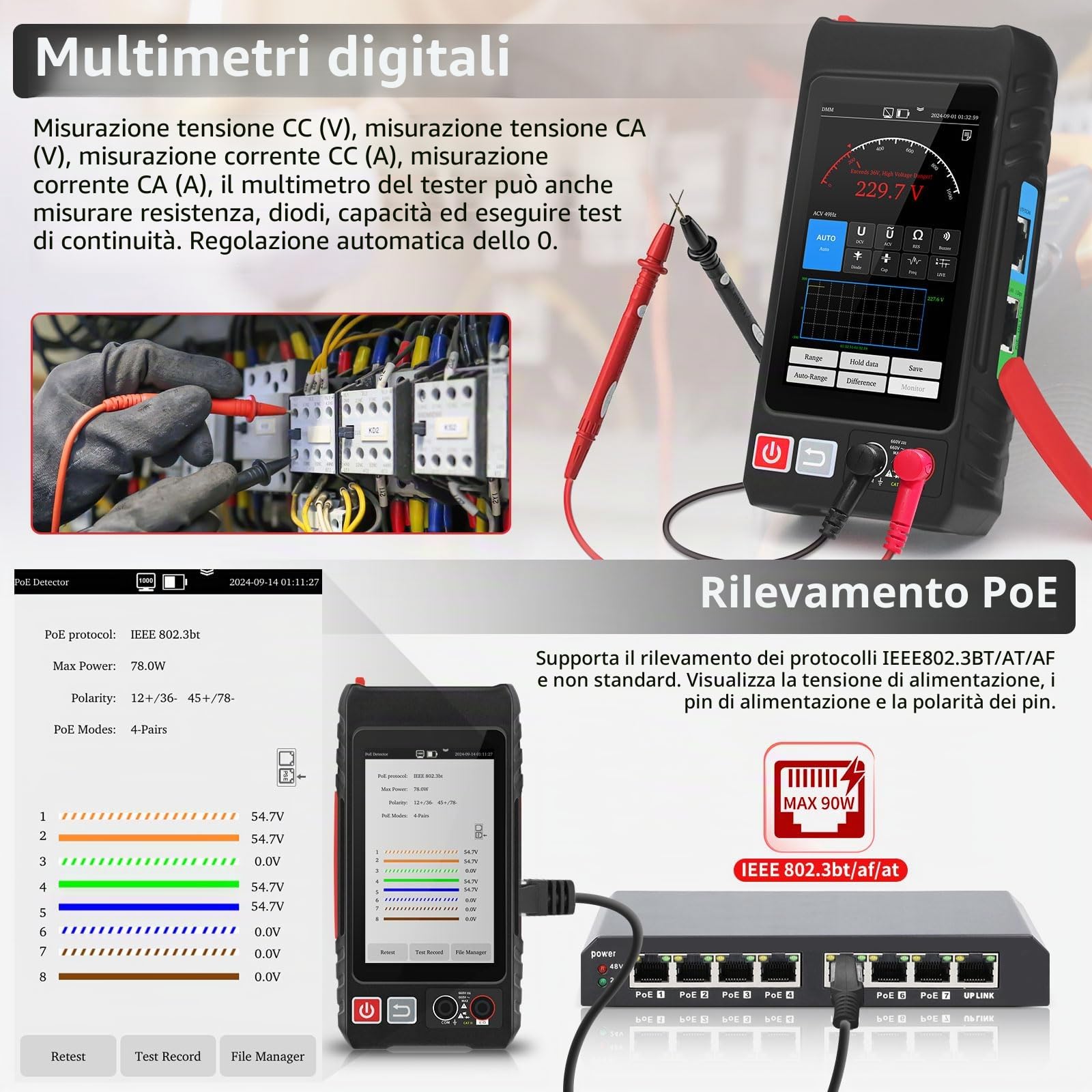 Henkion RJ45 Tester per cavi di rete UTP, rilevatore di cavi Ethernet, touchscreen IPS da 4 pollici, supporta strumenti di rete, multimetro digitale, OPM, rilevamento POE++, RJ45 TDR, lunghezza del