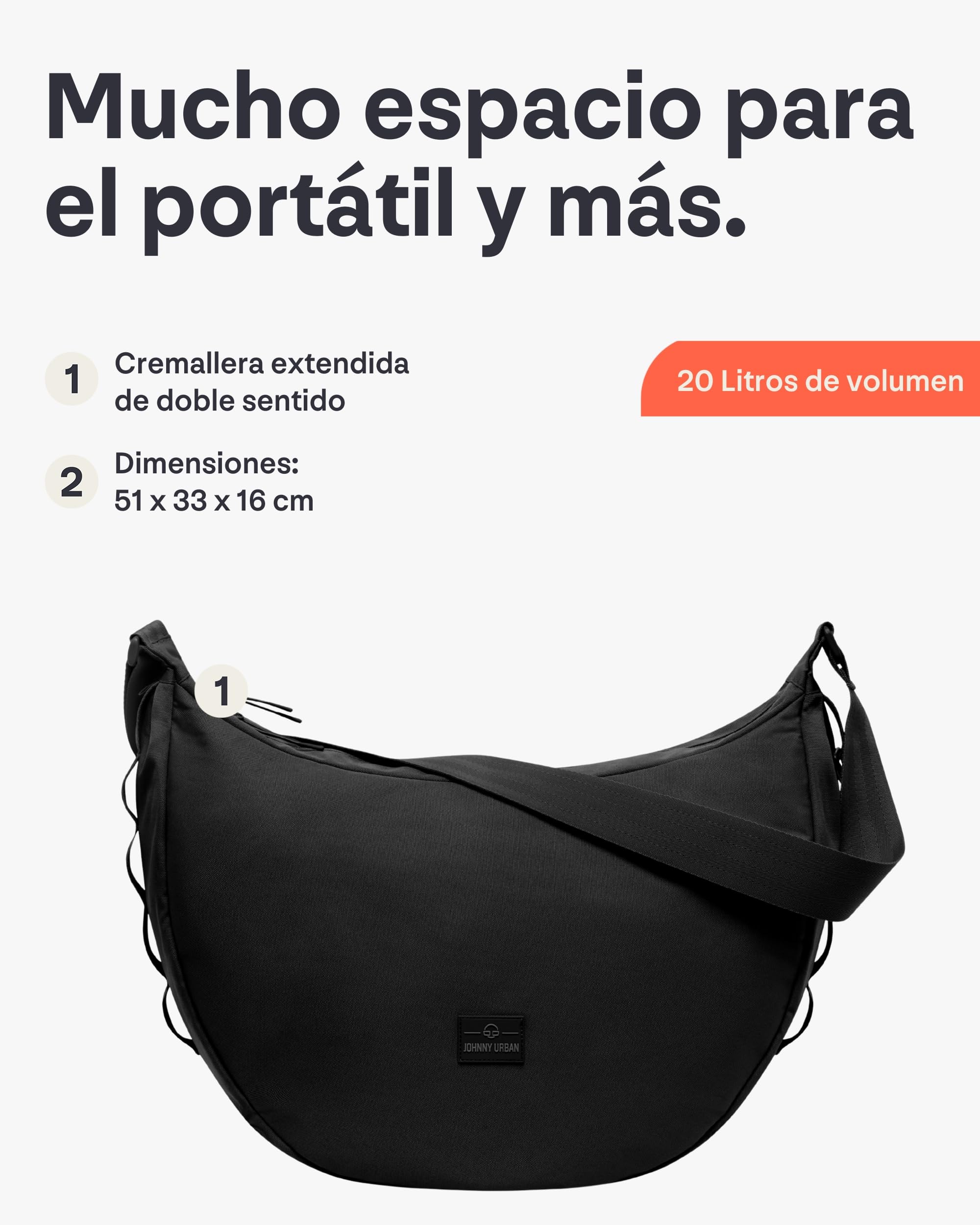 Johnny Urban Bolso Bandolera Mujer Hombres Negro - Ally XL - Half Moon Bag - Bolso Riñonera de Media Luna - Bolsa con Compartimento para Portátil de 16 Pulgadas - Repelente al Agua