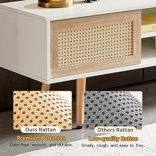 Miniatura 6 de Soporte de TV de ratán para TV de 65 pulgadas, centro de entretenimiento bohemio con puertas correderas de ratán natural y estante ajustable, blanco