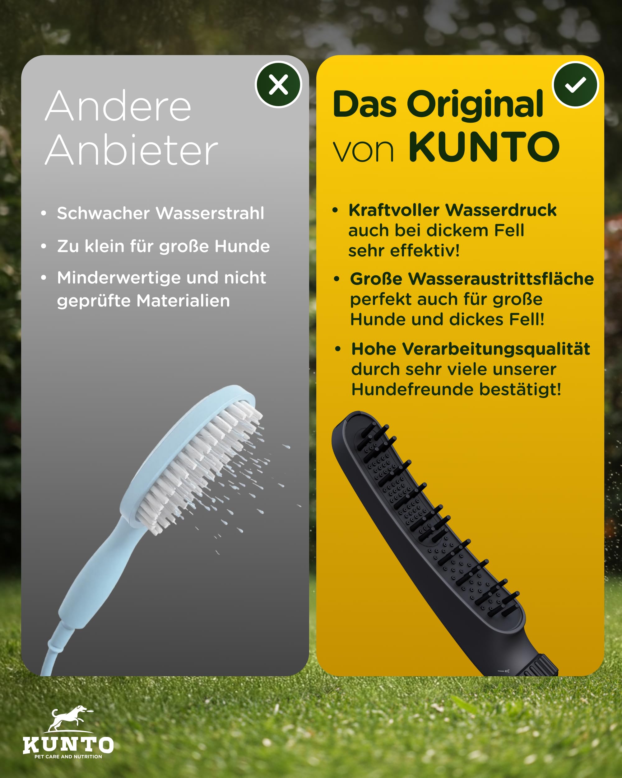 KUNTO® Hundebrausekopf inkl. Gartenschlauchadapter & Wasserstop - Hundedusche Duschkopf mit 79 Düsen, 4 Strahlarten & 30 Silikon-Massage-Borsten - Mobile Hunde-Duschbrause für drinnen & draußen