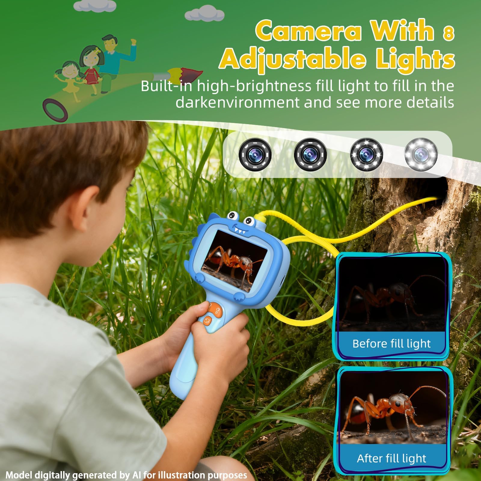 Daxiongmao Endoscopio para niños con luz, juego educativo de exploración científica, actividades naturales, cámara endoscópica con luz, cámara endoscópica, gadgets para hombres (azul)