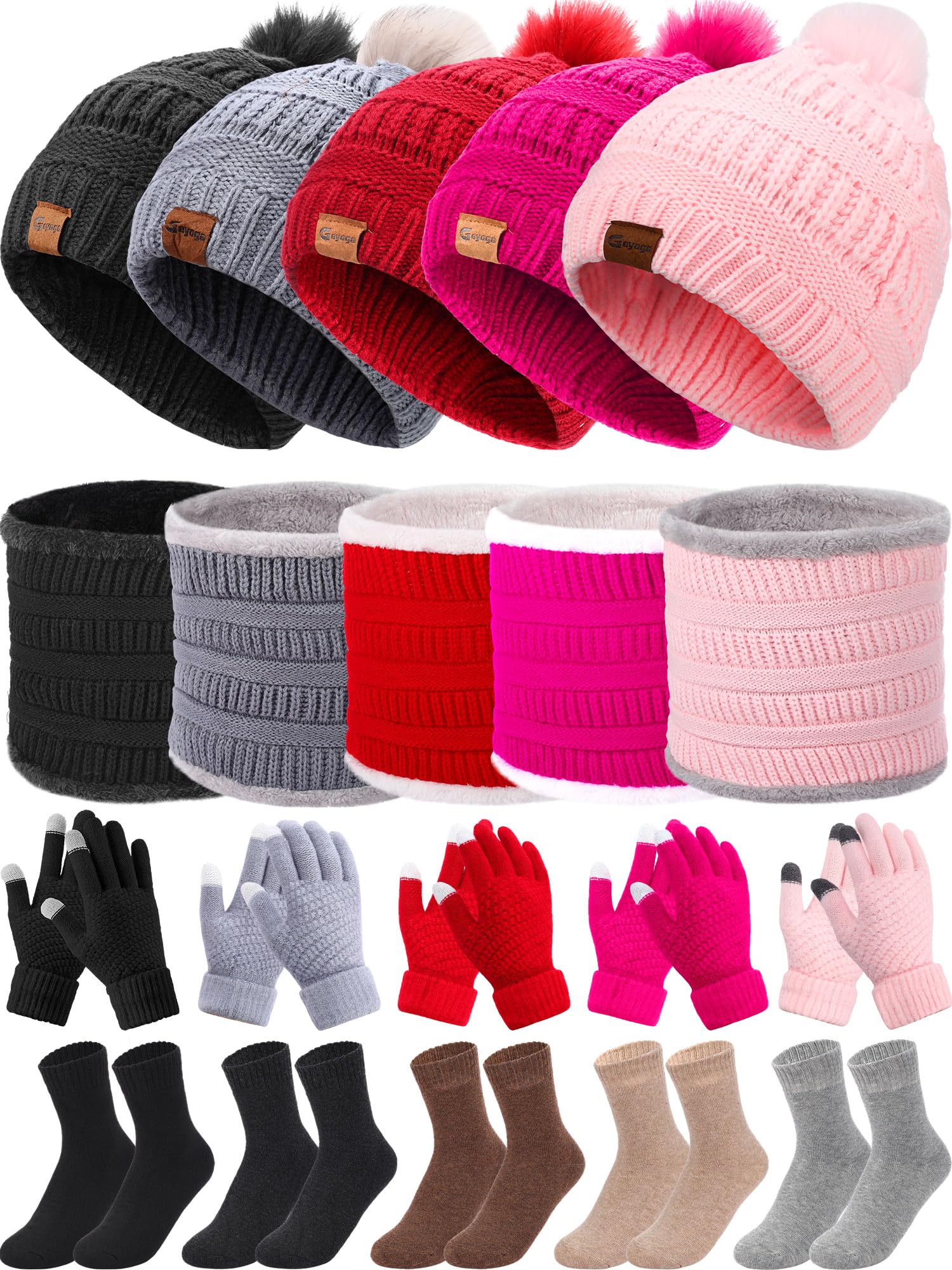 20pcs Winter Hat Scarf Gloves Sock Set Knit Beanie Hat Touchscreen Gloves Neck Warmer Scarf for Women Men