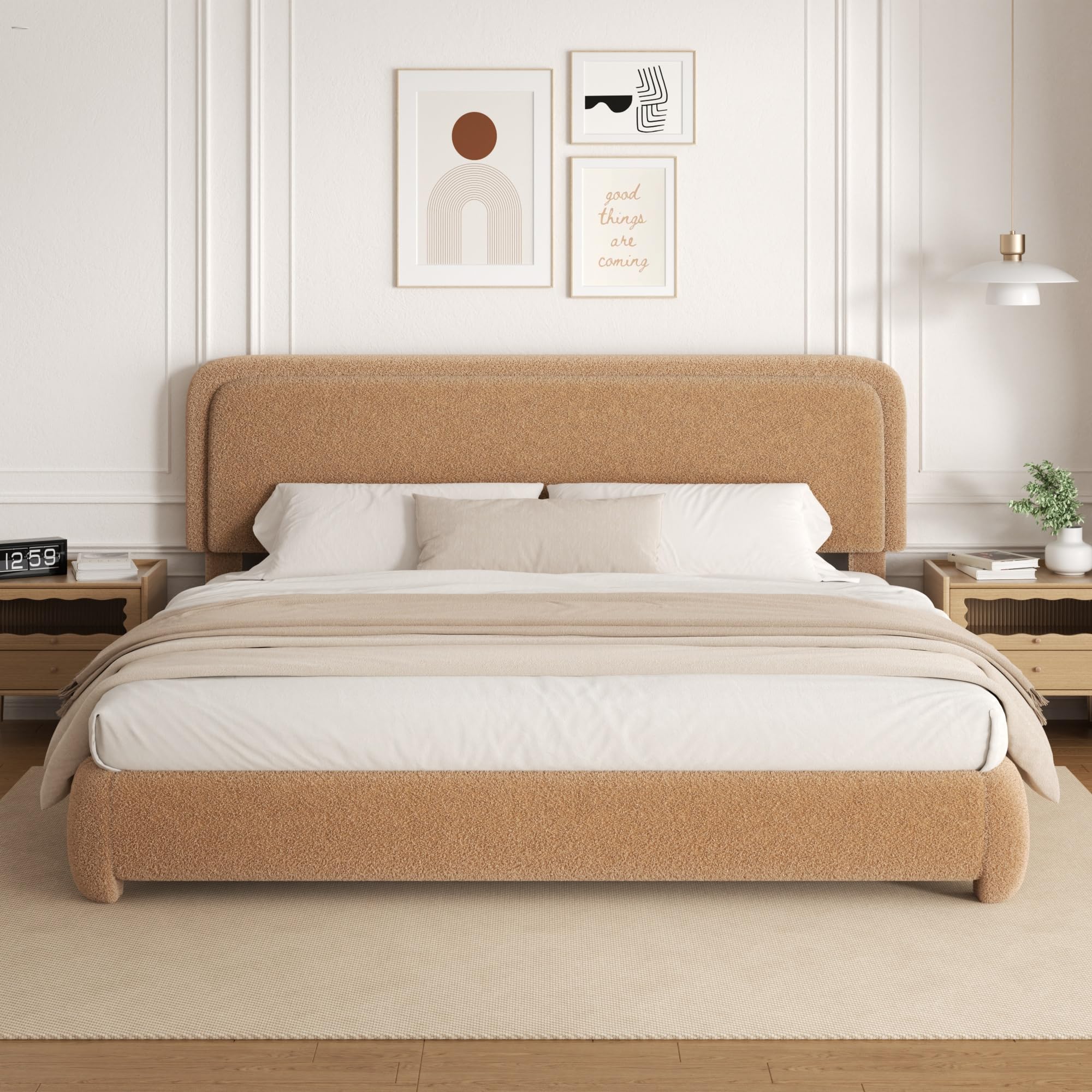 viplov King Size Boucle Platform Bed Frame, Upholstered Cloud with Adjustable Headboard, Anti-Collision Soft Rounded Corners, No Box Spring Required,