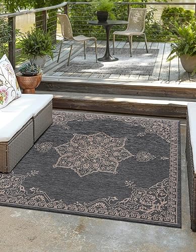 Miniatura 47 de Unique Loom Outdoor Traditional Collection - Alfombra de área, estilo antiguo (2' 7" x 10' Corredor, Gris carbón/Natural)