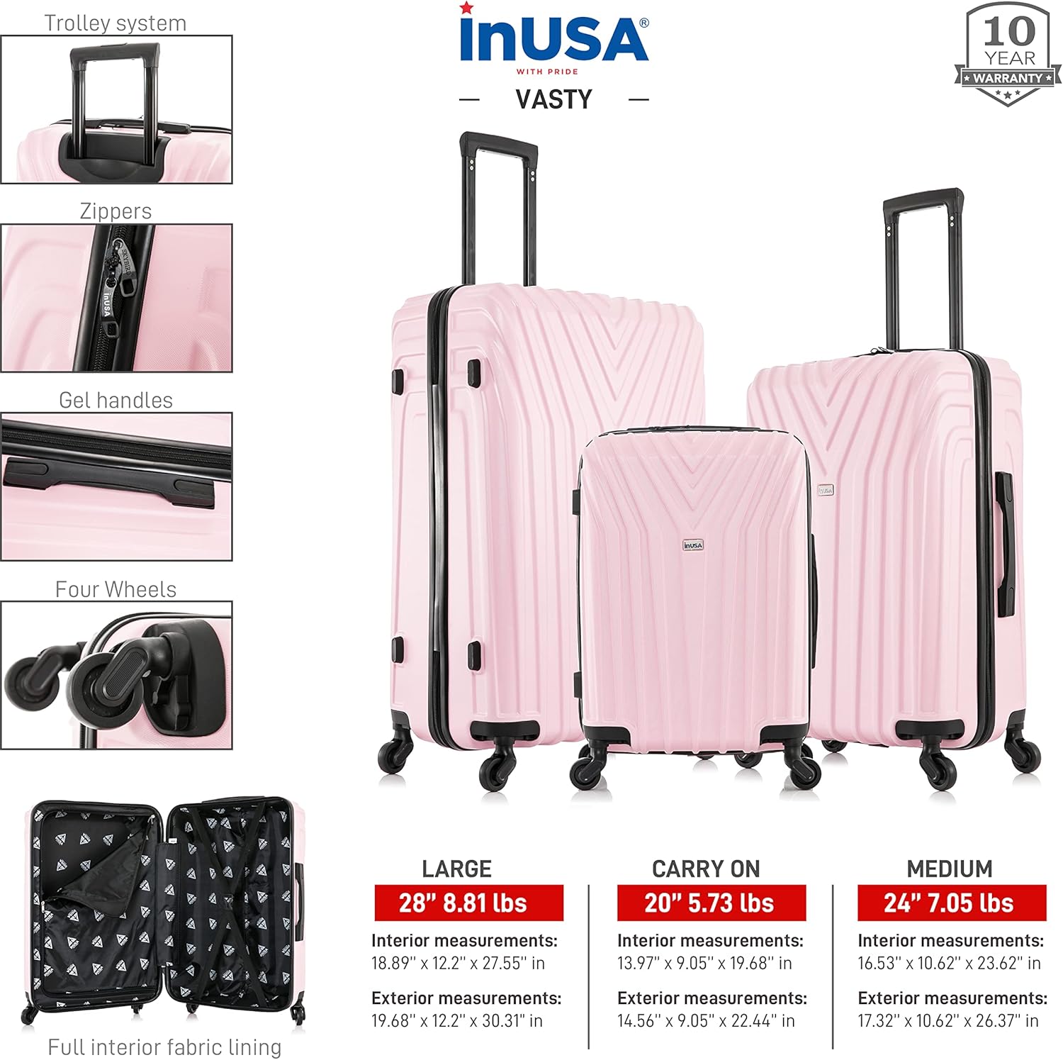 InUSA VASTY Luggage with Spinner Wheels | Durable Lightweight Hardshell SuitcaseTravel Sets with Handle and Trolley | (20in 24in 28in) 3 Piece Luggage Set | Pink