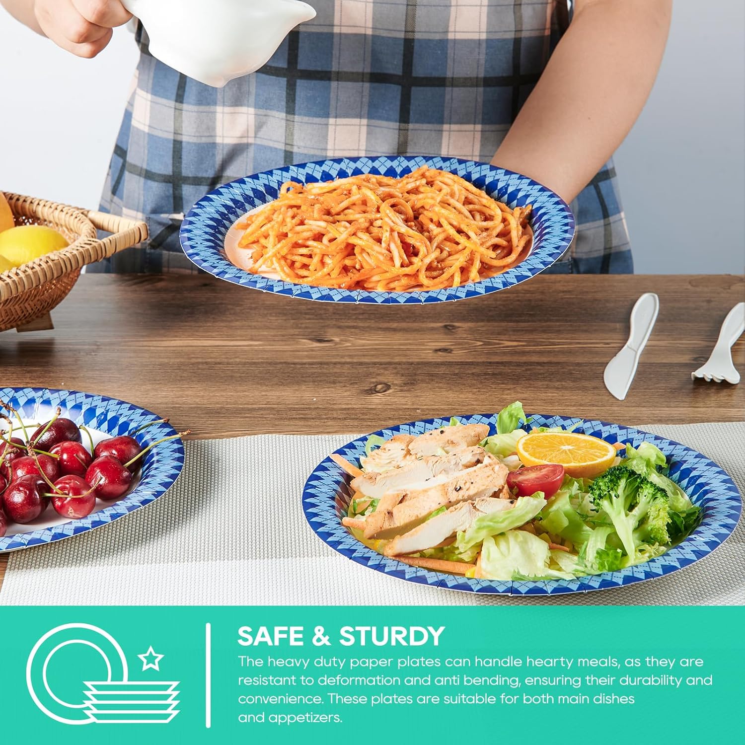 JOLLY PARTY 8.37 inch Disposable Paper Plates, 300 Count Dinner Plates, Soak Proof, Cut Proof for Everyday Use, Navy Diamond Pattern Rim Design - Image 3