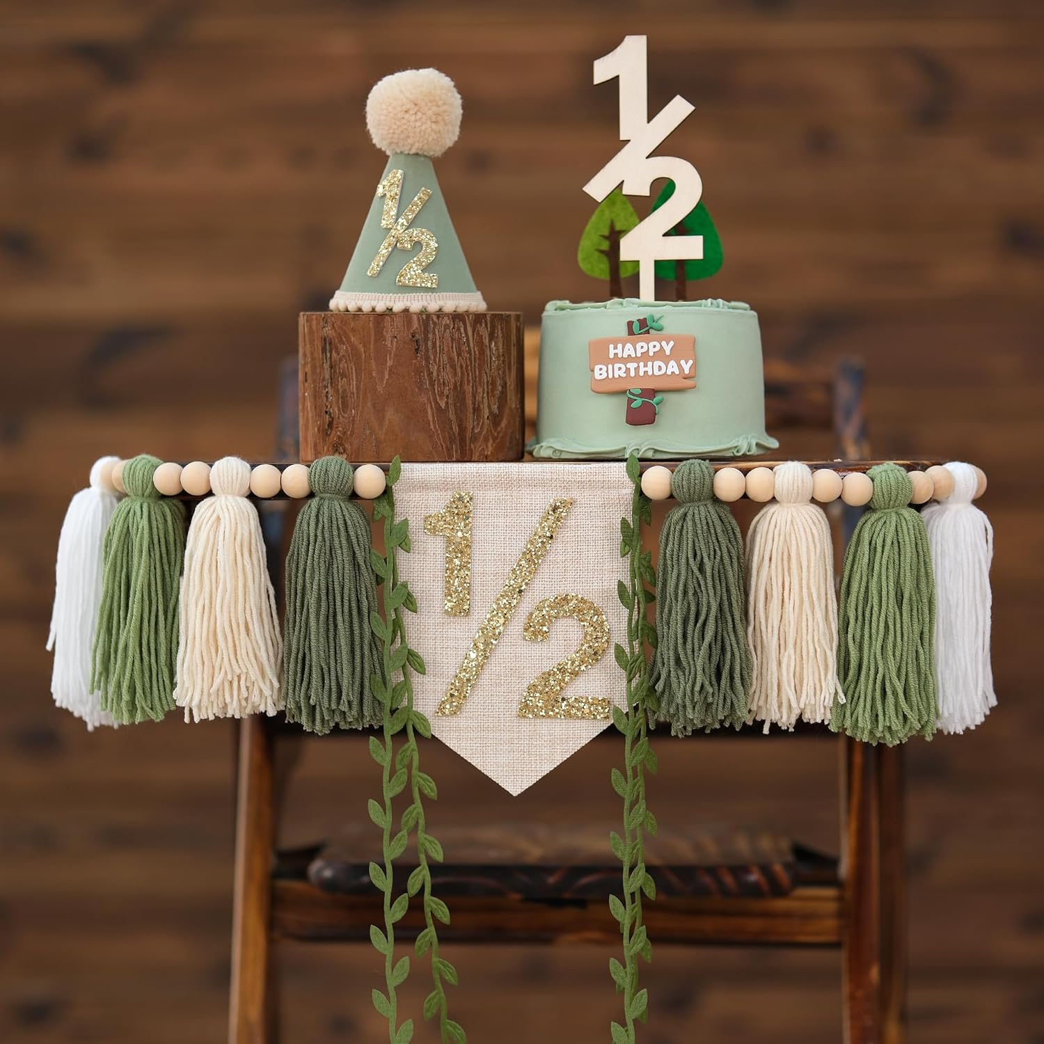 1/2 Birthday High Chair Banner For Half Way To One Party Decorations Wood Bead Tassel Garland Green Crown Hat Wooden Cake Topper Happy Half Year Party Photoshoot Props - Image 3