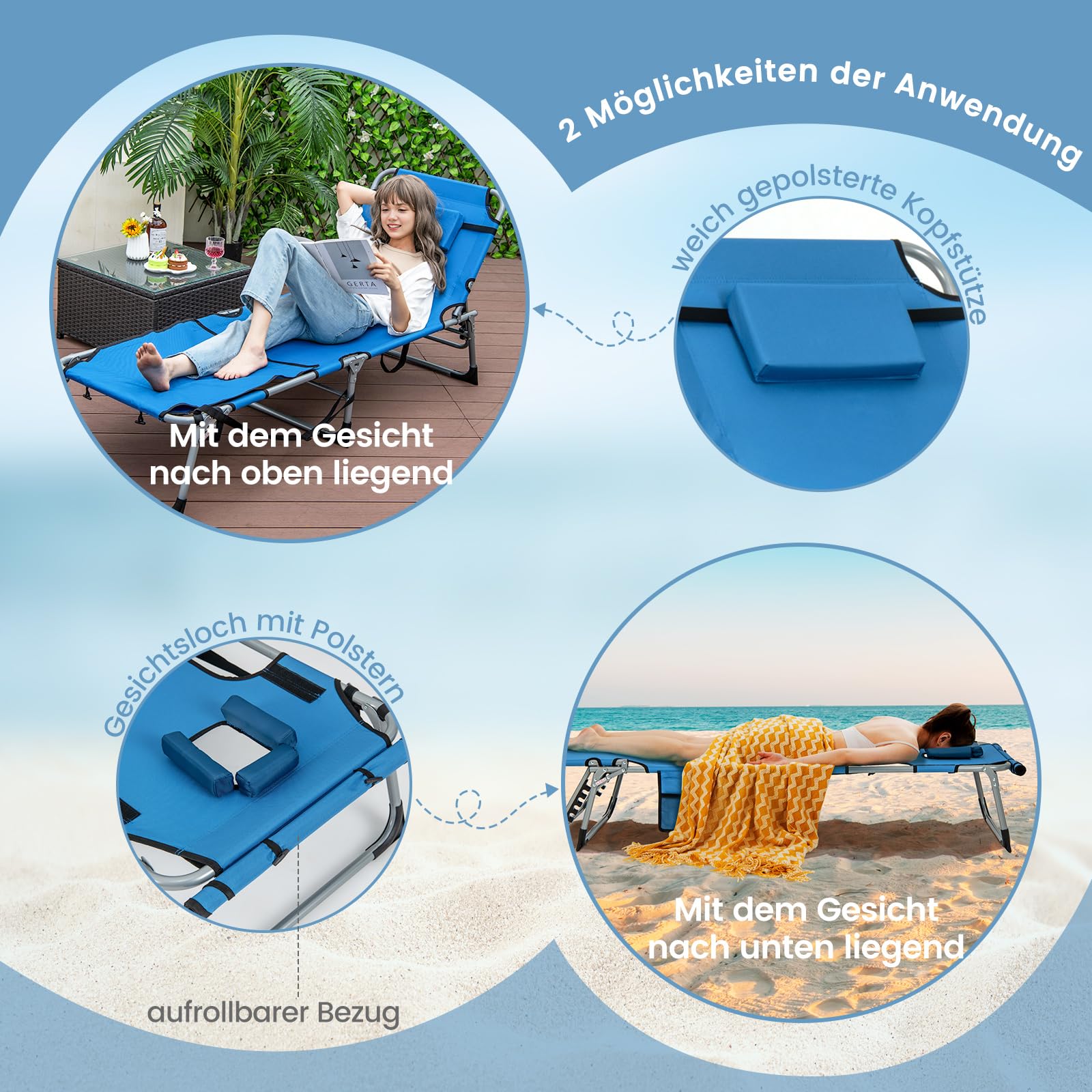GOPLUS Zonnebed, inklapbaar, ligstoel met gezichtsopening en afneembaar kussen, 5-traps verstelbare rugleuning, relaxstoel voor tuin, strand, camping