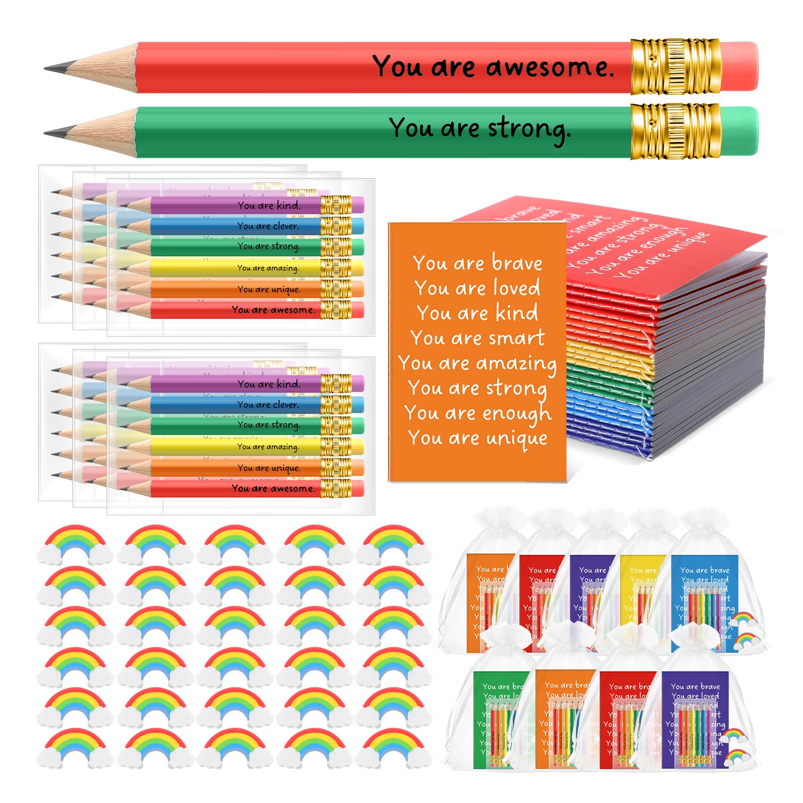 Spakon 24 Sets Rainbow Gifts for Students Includes Mini Pocket Notepads Colorful Inspirational Pencils Cute Erasers with Organza Bags for Back to
