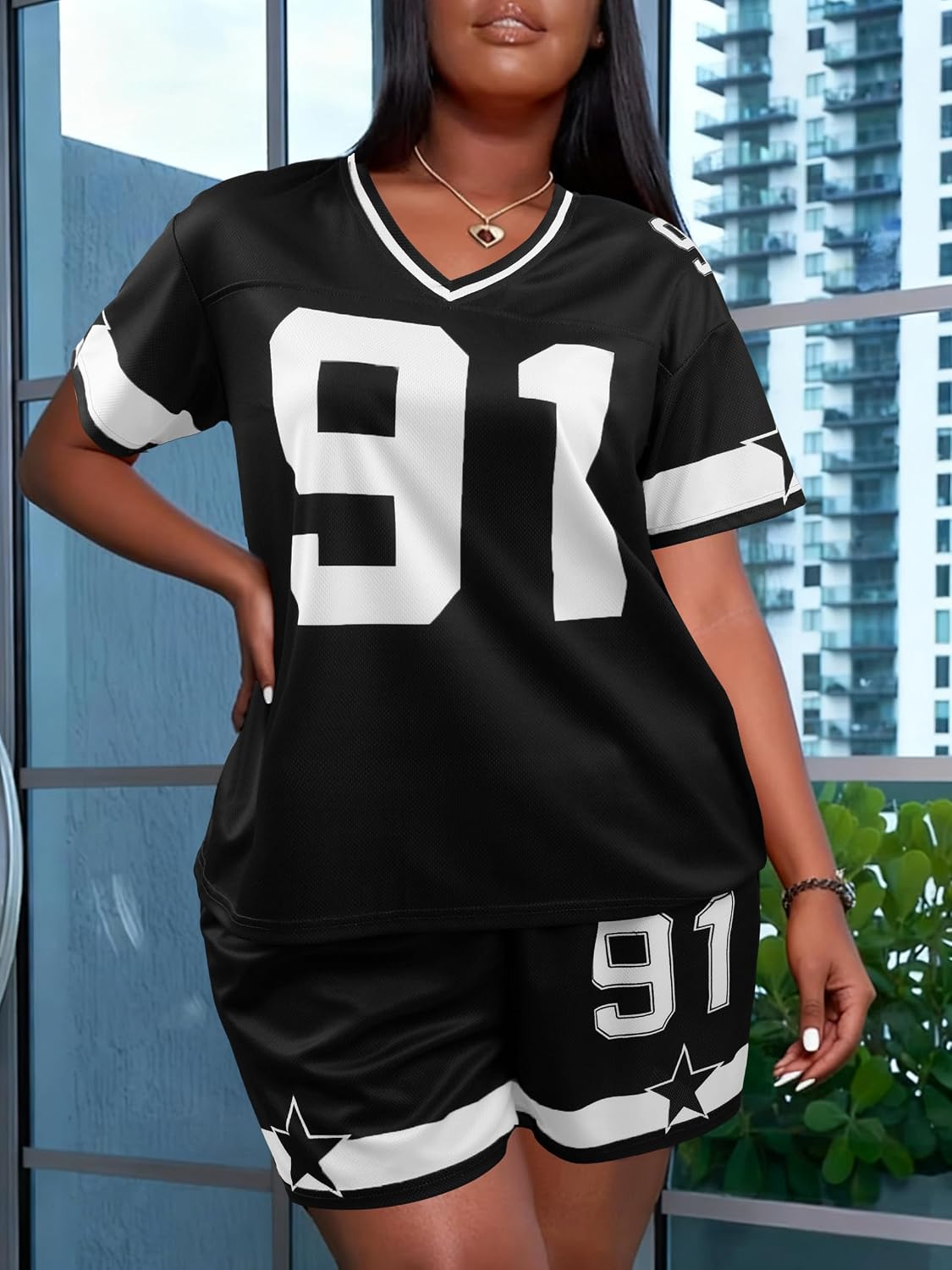 KIMSOONG Jersey Shirts for Women Shorts 2 Piece Sets Going Out Number Graphic V Neck Y2K Streetwear Tee and Short Pants Suits