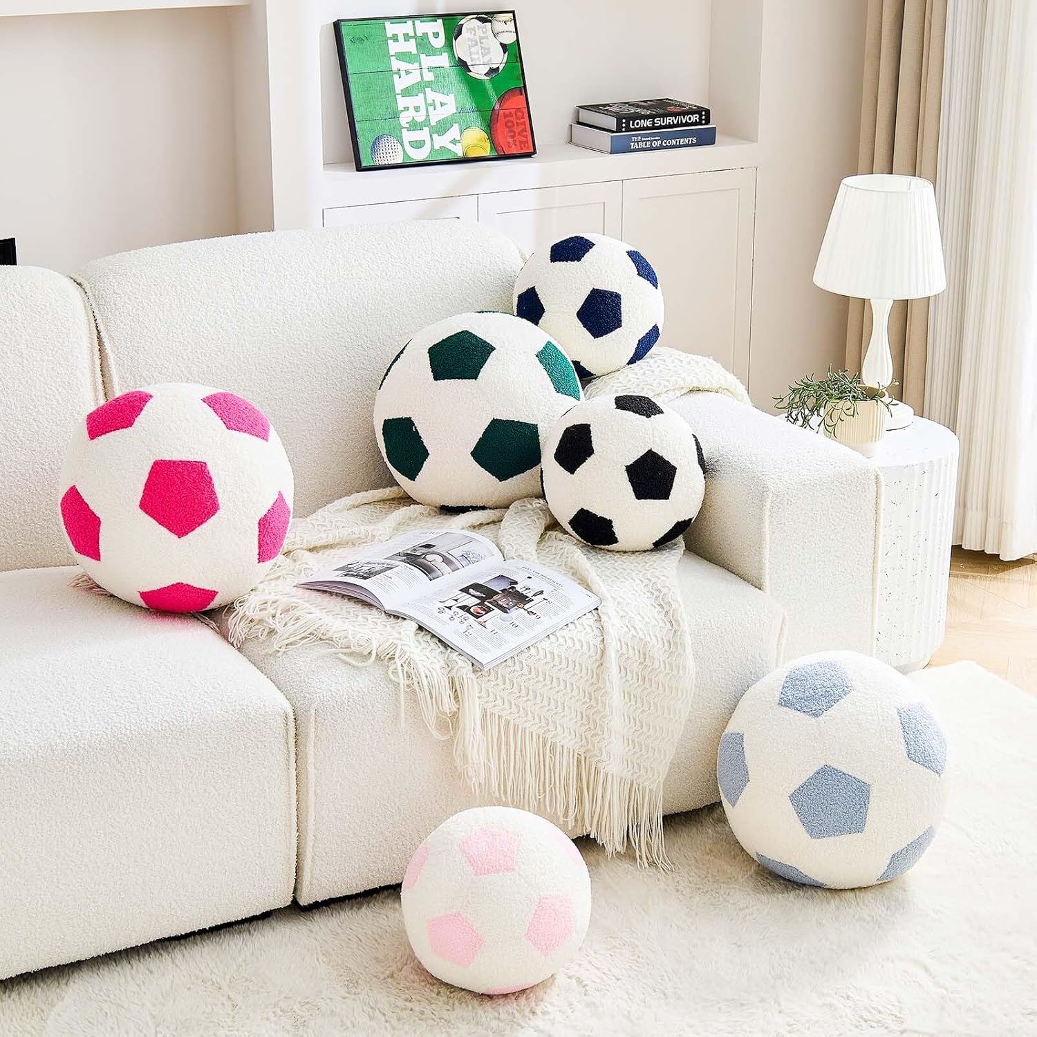 Uvvyui Soccer Pillow Football Throw Pillow Round Aesthetic Home Decor Soccer Decorative Pillow Soft Soccer Sports Ball Plush Pillows for Bedroom Sofa Chair Couch（Black,12 Inch）