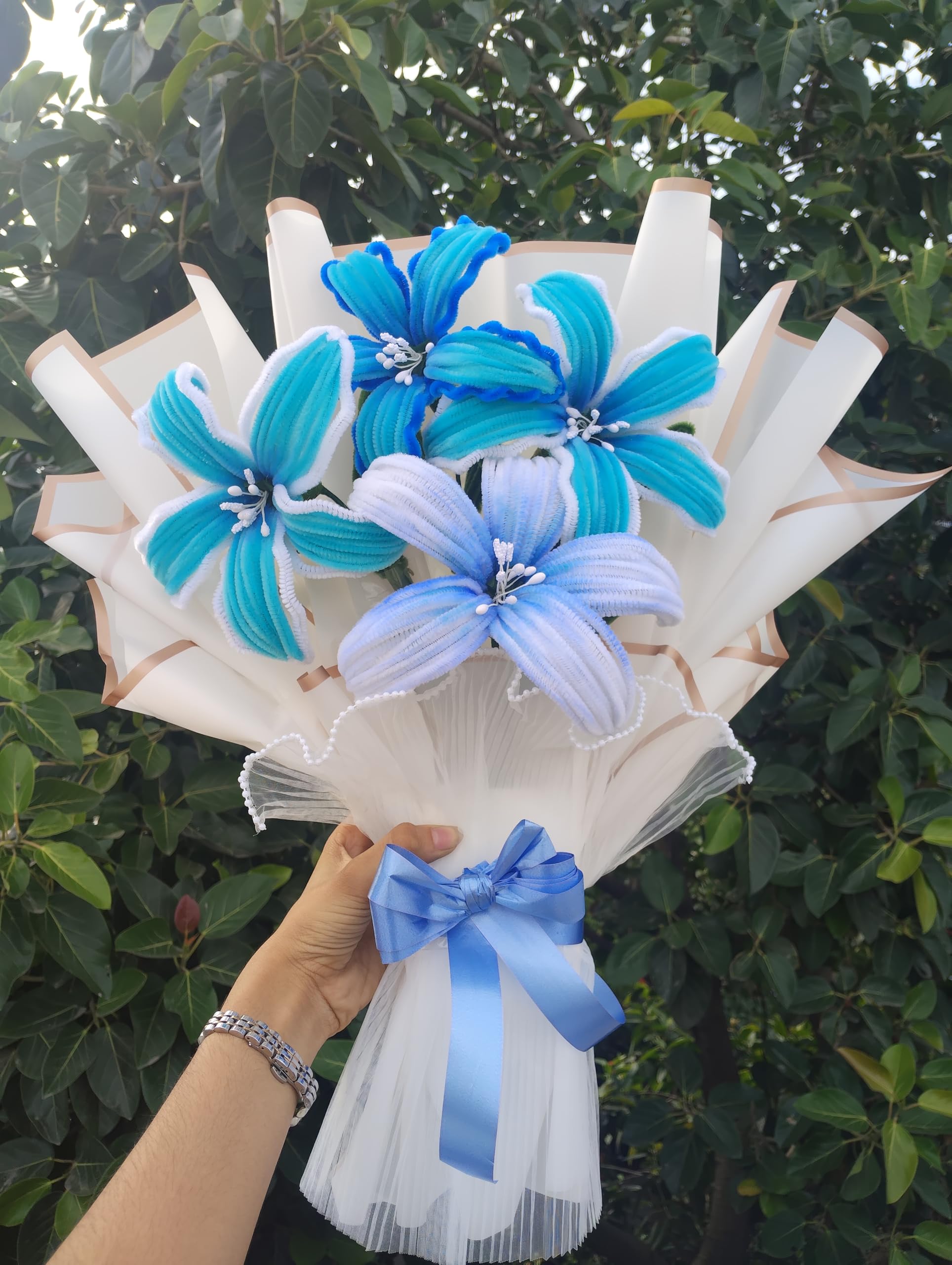Handmade Blue & White Pipe Cleaner Flower Bouquet – Artificial Lily Flowers Bouquet for Gifts, Birthday, Anniversary, Valentine's Day, Home Decoration-image-40