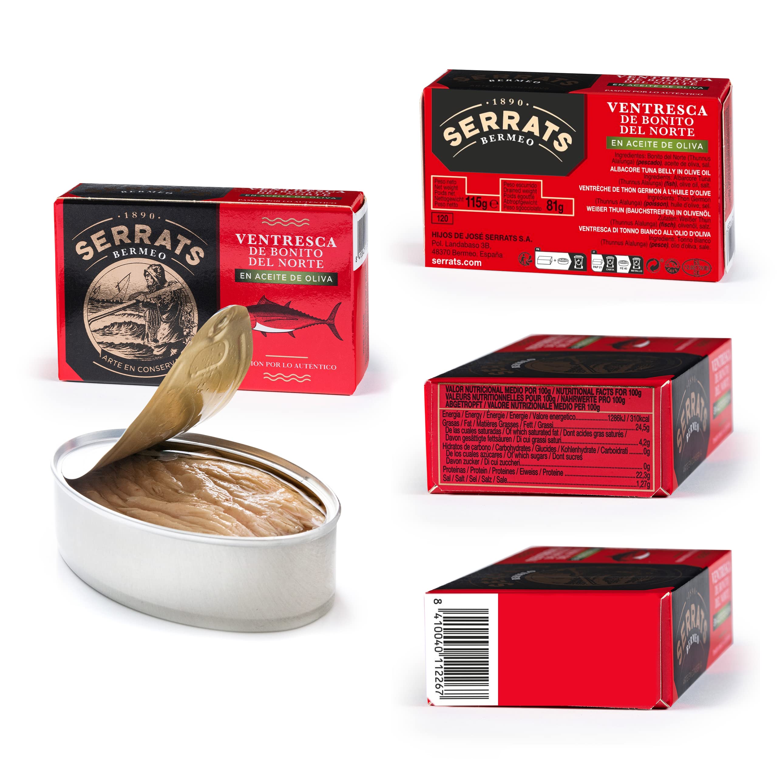CONSERVAS SERRATS - Geschenkbox Pack Bermeo - 9 Gourmet-Konserven aus dem Kantabrischen Meer - Weißer Thunfisch, Bauchlappen, Miesmuscheln und Sardinen - Baskische Handwerkliche Herstellung