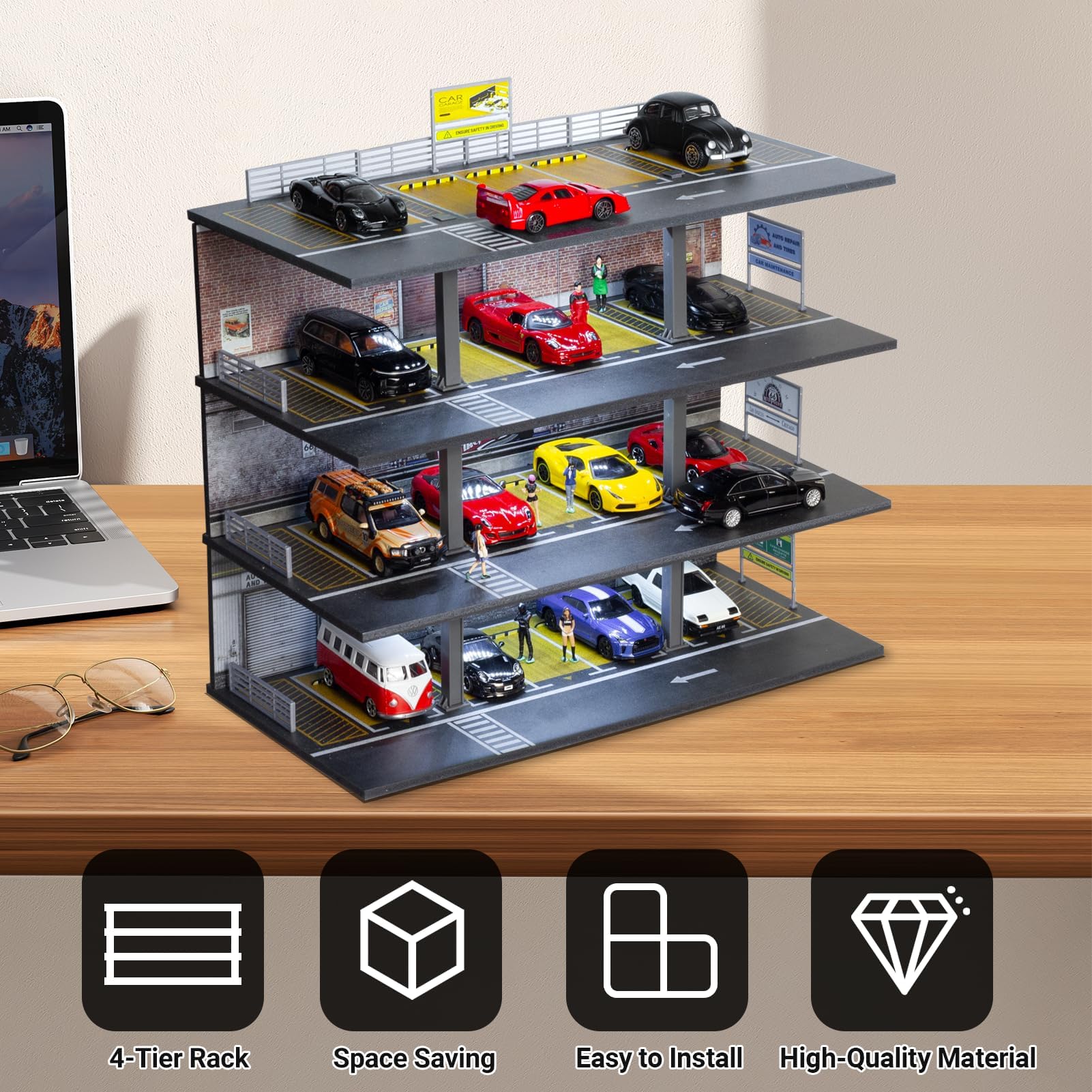 1:64 Diorama Garage Modello, Illuminazione LED 4 piani Parcheggio Scena Display Case, per 1:64 Diecast Modellino Auto Vetrina Modello, Edificio