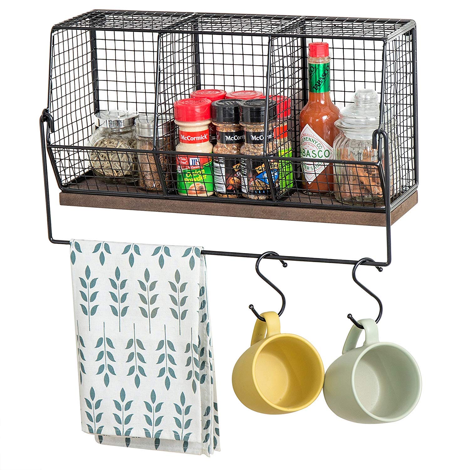 INDIAN DECOR 10176 Metal Wire Wall-Mounted Spice Rack with Towel Bar & 4 S-Hooks