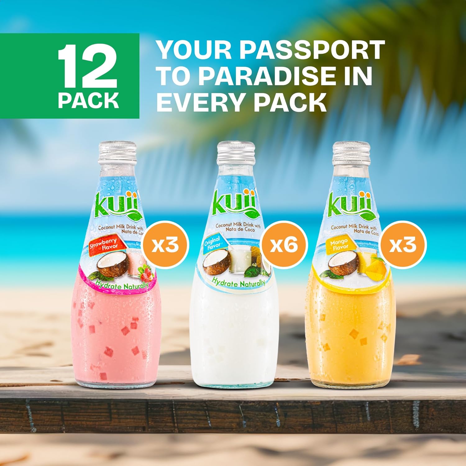 Kuii Coconut Milk Drink Variety Pack – 12 Count with Original Coconut, Strawberry & Mango Flavors – Refreshing Drinks with Nata de Coco for Fun & Fruity Tropical Hydration, 9.8 fl oz Bottles