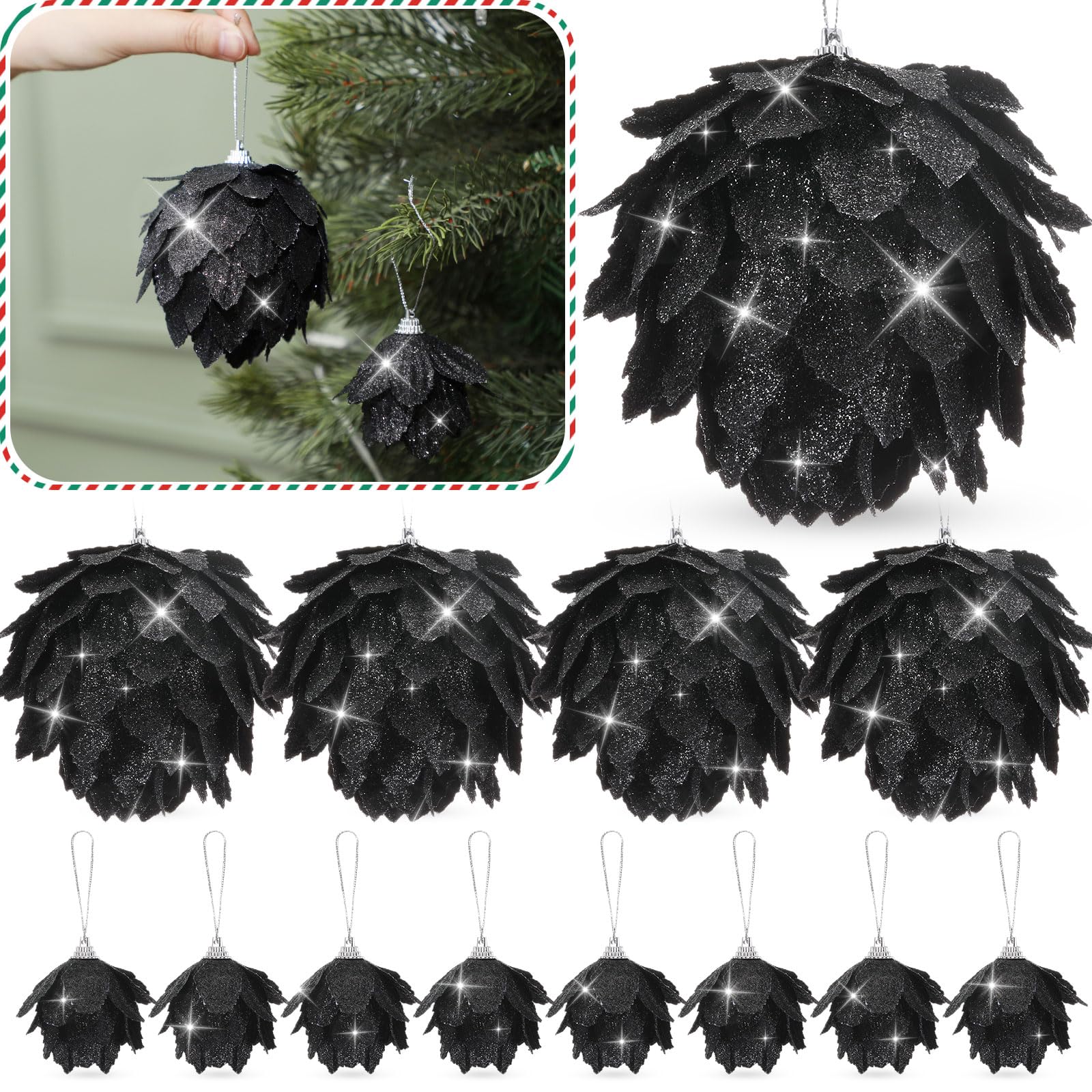 Syhood 12 adornos de bolas de Navidad con purpurina, decoración de árbol de Navidad, bolas de piña colgantes, conos de pino rústicos para Navidad, fiesta de invierno, vacaciones, boda, decoración del