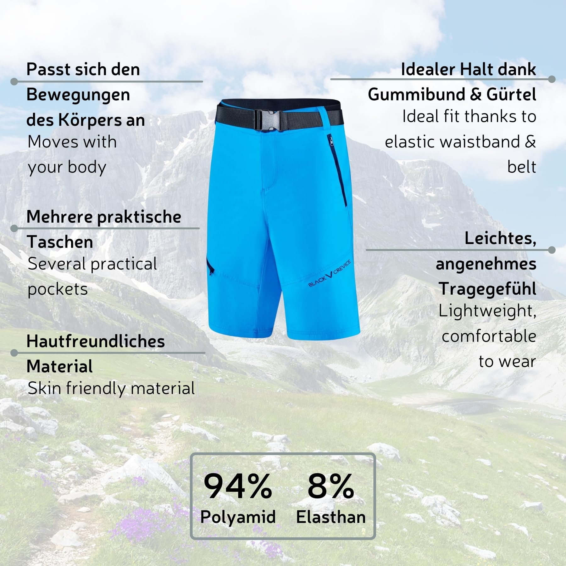 Black Crevice Herren Wander- & Trekkinghose | 96% Nylon & 4% Elasthan | Atmungsaktiv, Wasserabweisend & Schnelltrocknend | Kurze Outdoor Wanderhose Herren