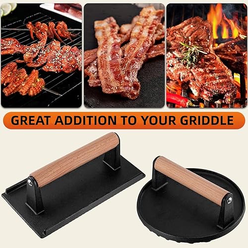 Miniatura 4 de Burger Press for Smash, Smash Burger Press 7" Round Burger Press for Smash Burgers or Bacon, Heavy-Duty Cast Iron Smash Meat Steak With Wood Handle