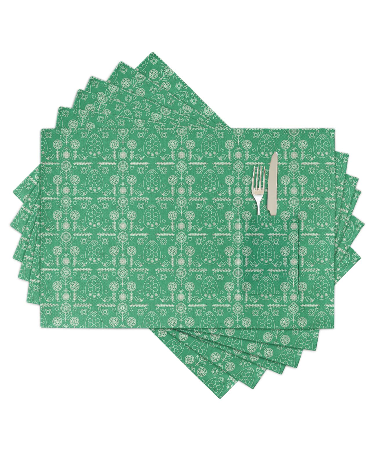 Easter Table Placemats for Dining Table Set of 6,Cotton Linen Cloth Kitchen Place Mats with Pocket,Burlap Square/Rectangle/Round/Oblong Table Holiday Food Mat,Ethnic Eggs Rabbits Flowers Spring Green