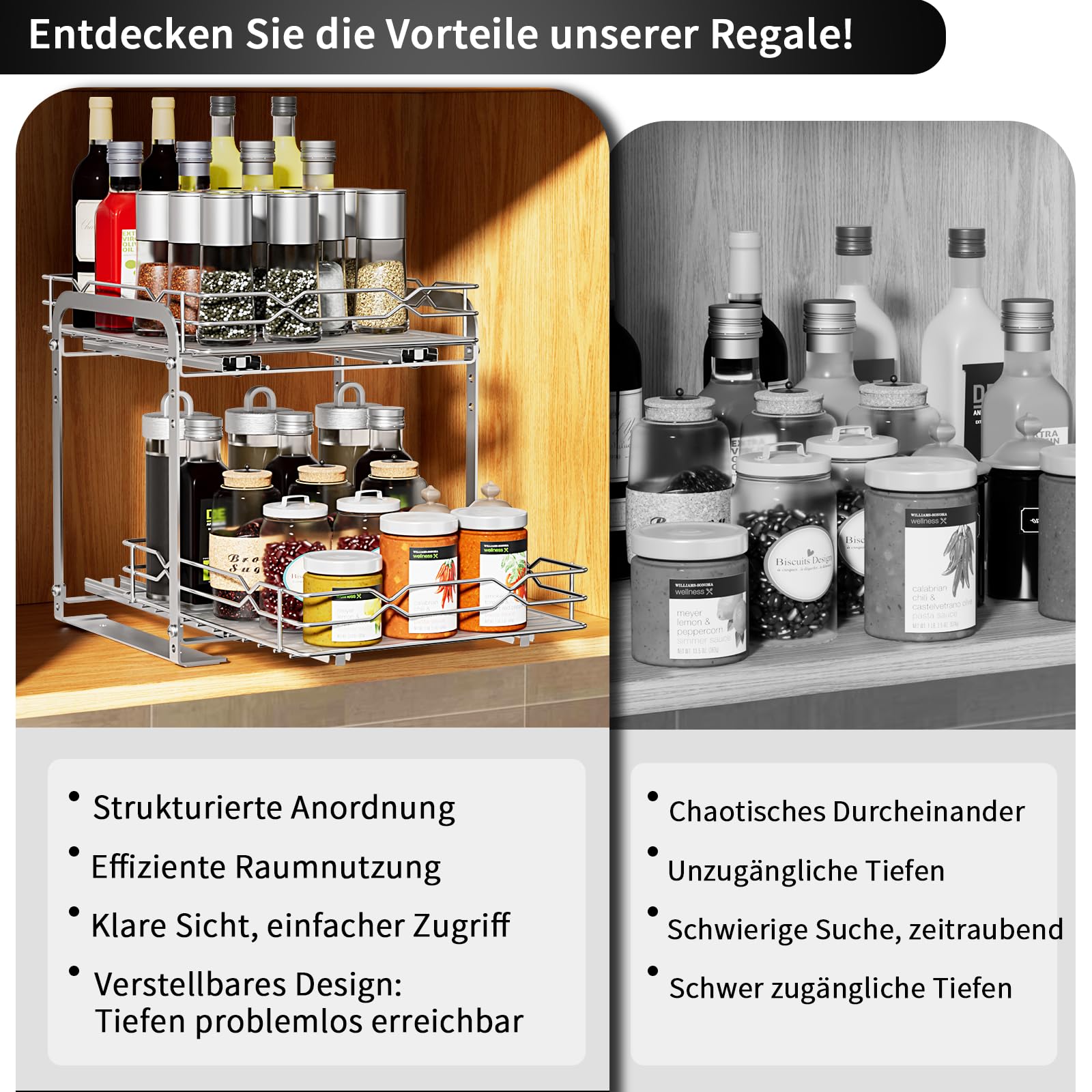 Gewürzregal Ausziehbar, Edelstahl Gewürz Organizer, 2 Etagen Höhenverstellbar Gewürzregal Schrank Küchen Organizer, Gewurzregalsystem für Küchen Schrank，Gewürzregal Stehend für schrank innen