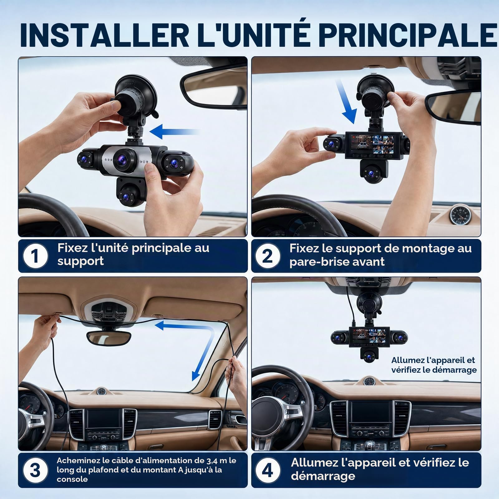 CAMECHO Dash Cam 5 Canaux, Caméra Frontale 1080P 150 °+4 Caméras latérales 480P 120 °, 3,16 Pouces Dash Cam, Enregistrement en Boucle, Vision Nocturne et Détection de Mouvement