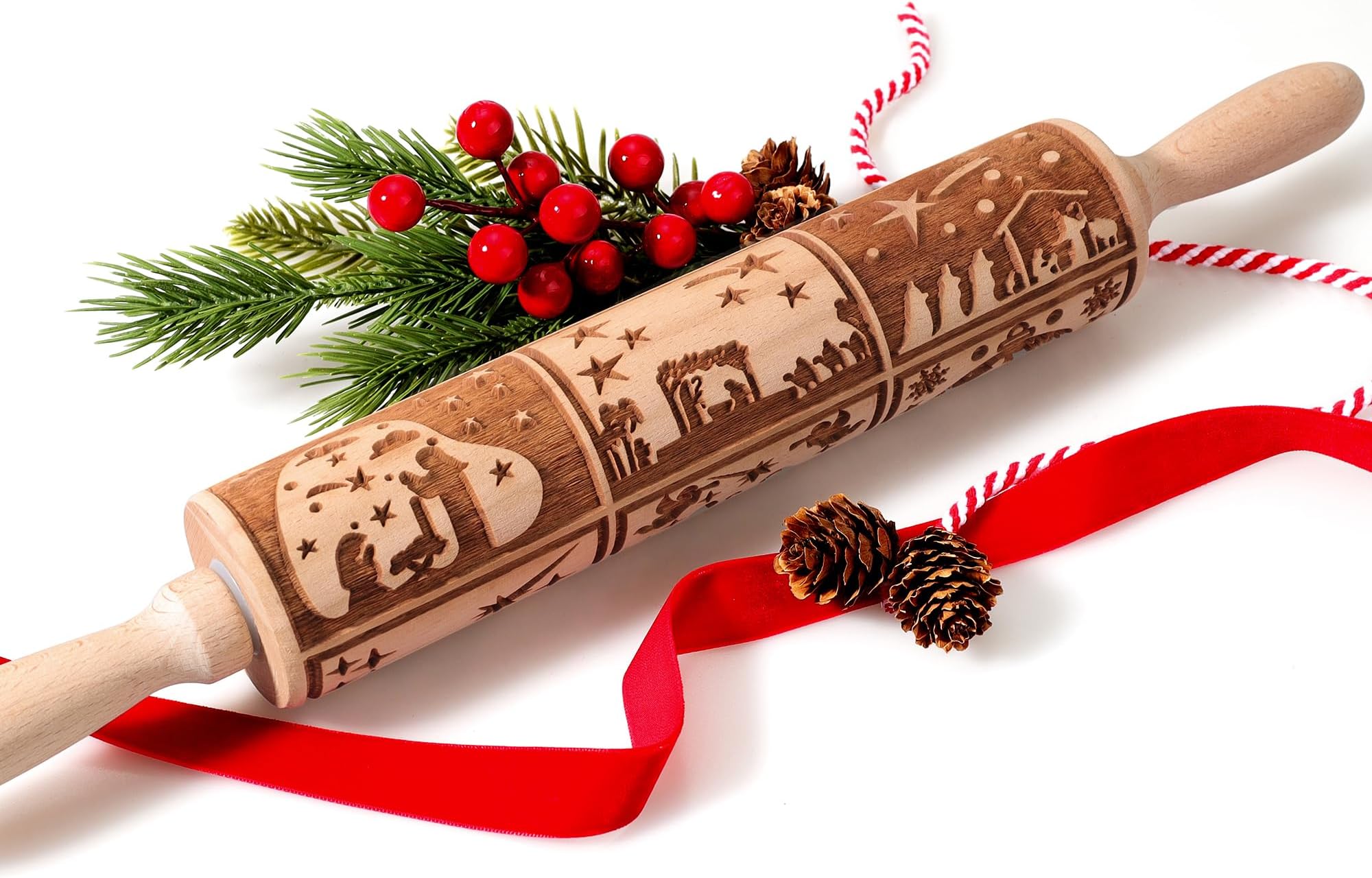 - 17" Premium Wooden Rolling Pins for Baking with Nativity Embossed Designs | 3mm Deep Springerle Cookie Molds | Christmas Rolling Pin & Baking Gifts for Women | Includes 3-in-1 Cleaning Brush 