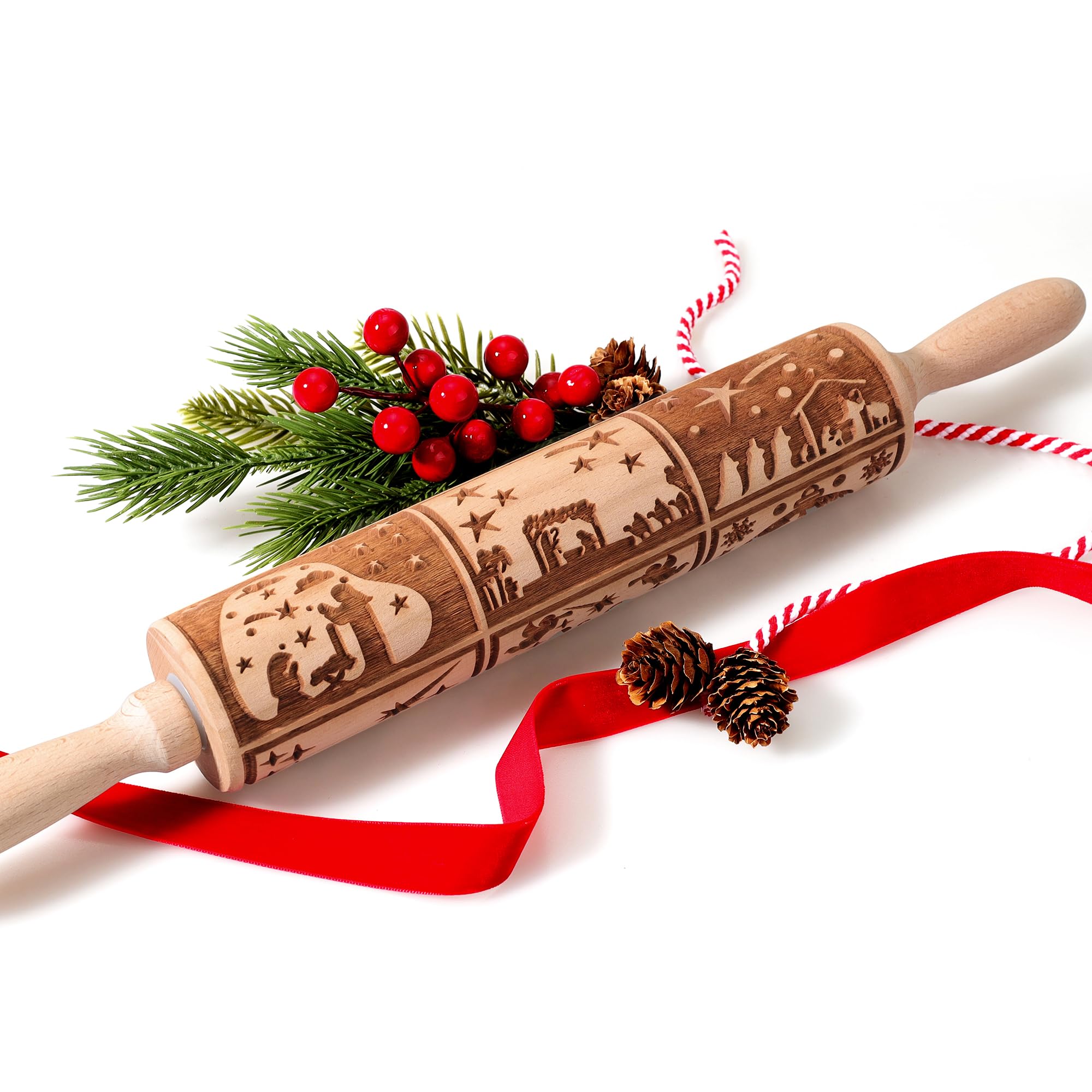 - 17" Premium Wooden Rolling Pins for Baking with Nativity Embossed Designs | 3mm Deep Springerle Cookie Molds | Christmas Rolling Pin & Baking Gifts for Women | Includes 3-in-1 Cleaning Brush ﻿