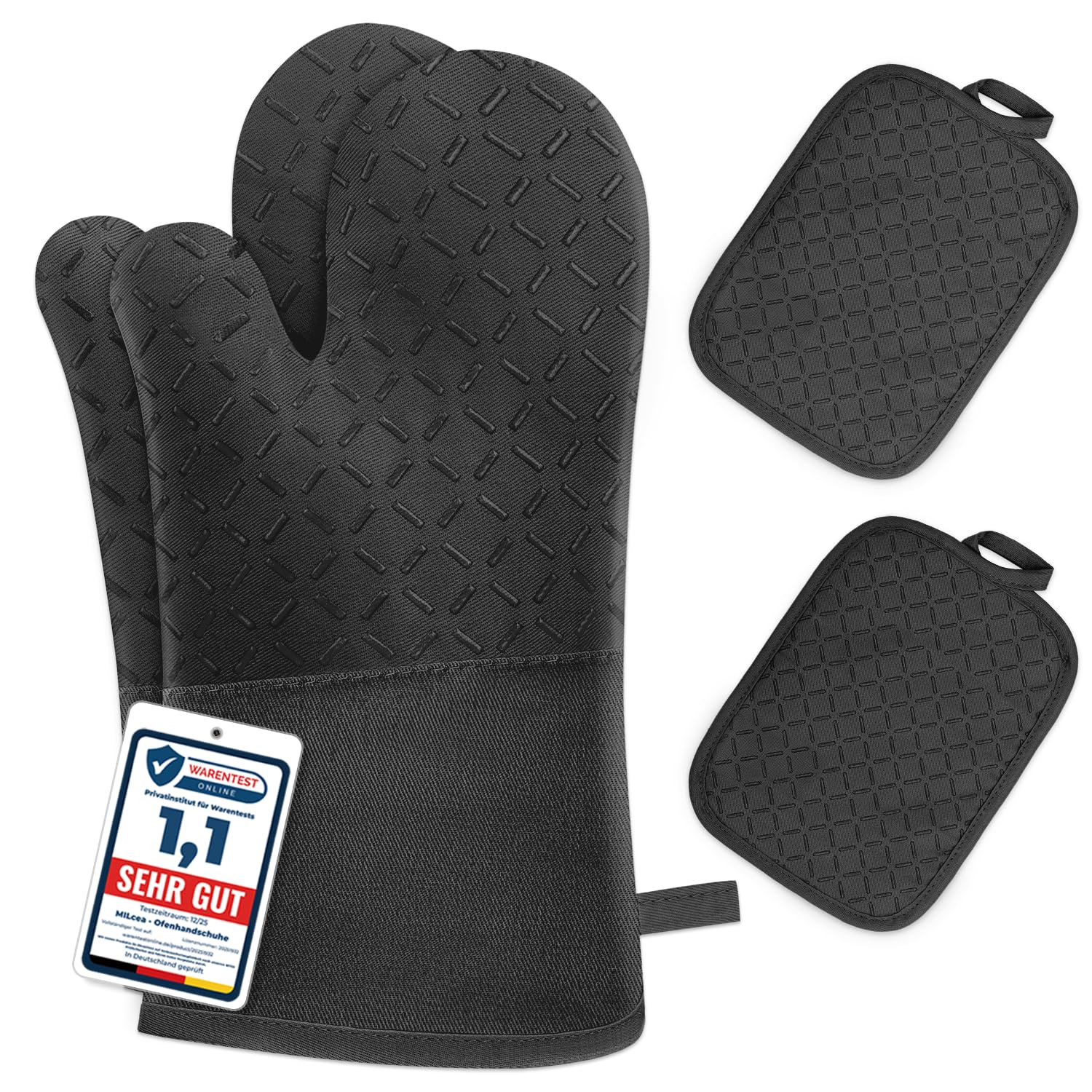 MILcea Ofenhandschuhe Topflappen Topfhandschuhe 4er Set - Ofenhandschuhe Hitzebestaendig bis 300°C, Rutschschutz, Verlängern, Weich, Backhandschuhe Kochhandschuhe Oven Gloves, Schwarz