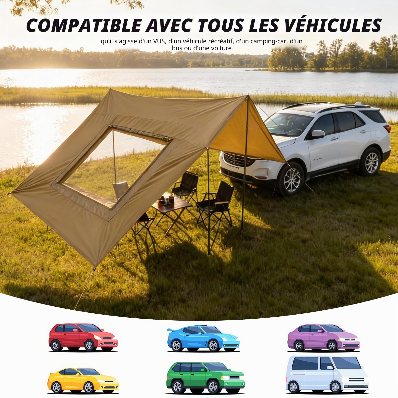 2,8 x 4,8 m - Auvent de Caravane - Tente de hayon pour Camping-Car, Bus, Van, étanche et Protection Solaire - Voile d'ombrage Universelle - Tente de Voiture - Store avec fenêtre d'écran