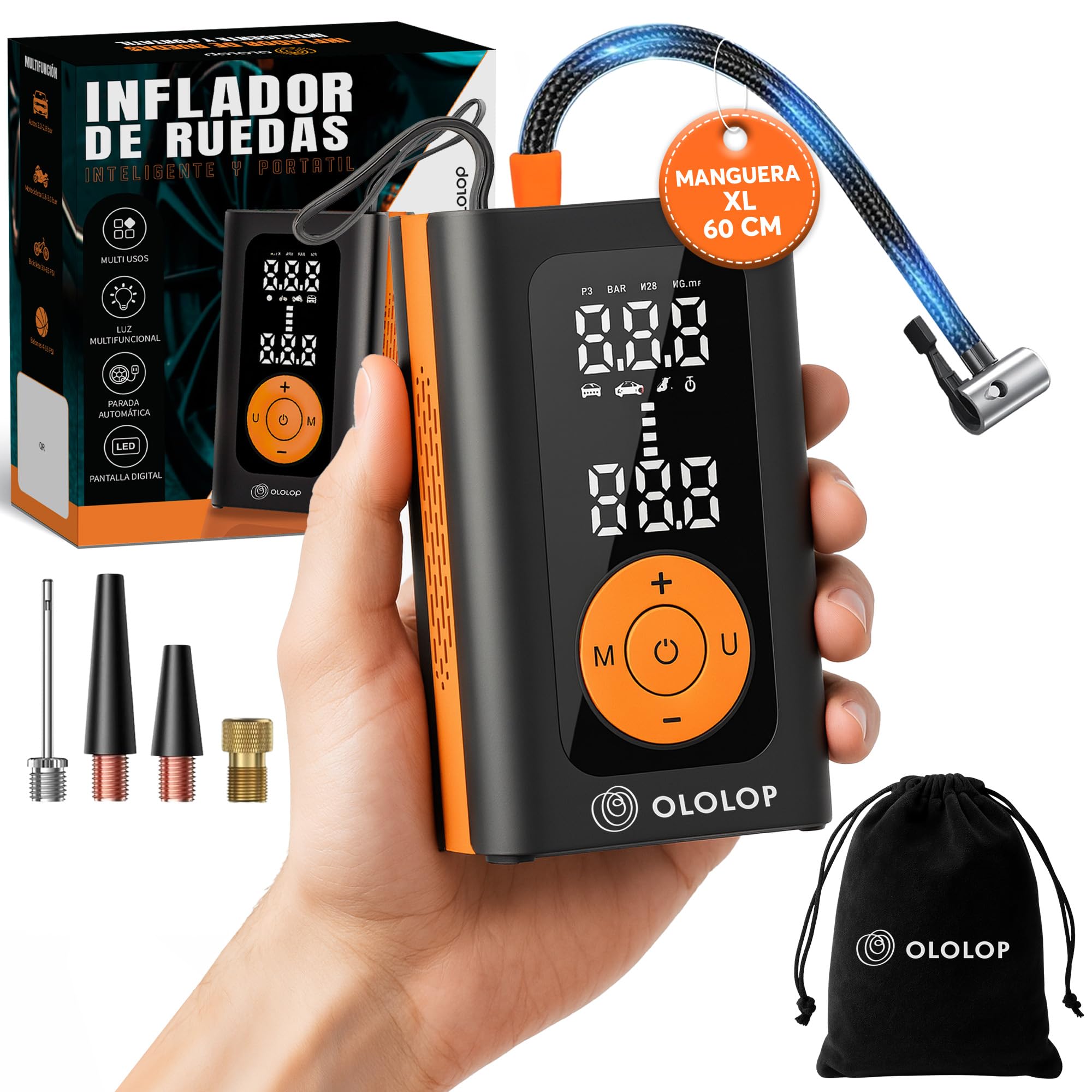 Super compressore d'aria portatile Premium con torcia | Gonfiatore ruote auto + guida per portare la tua famiglia in sicurezza | Gonfiatore elettrico | Gonfiatore elettrico | Batteria di