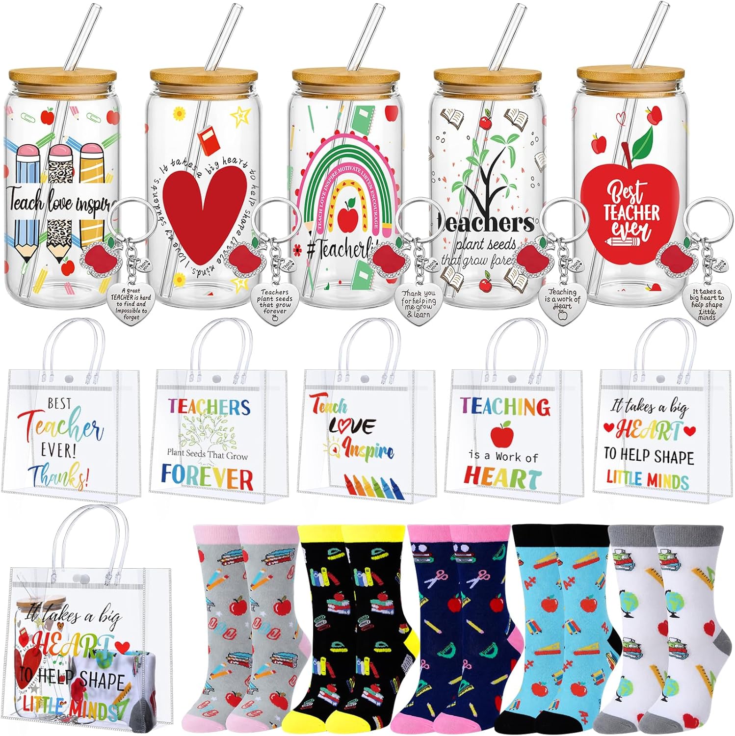 Honeydak 5 Sets Teacher Appreciation Gifts 2026 Thank You Glass Cups with Lid and Straw 16 oz Inspirational Clear PVC Gift Bags Novelty Socks Apple Keychain for Graduation Staff Retirement Party Favor
