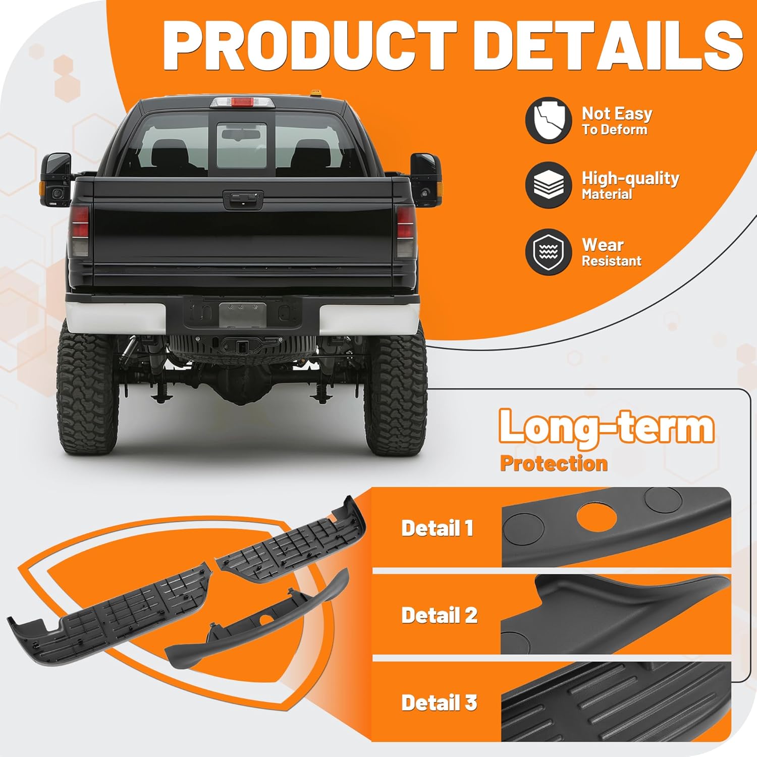 KUAFU Rear Bumper Step Pads Compatible with 1999-2007 Ford F-250/350/450/550 Super Duty Replacement for FO1191116 FO1191113 Plastic(PP) Black Lower & Upper Left + Right 3Pcs
