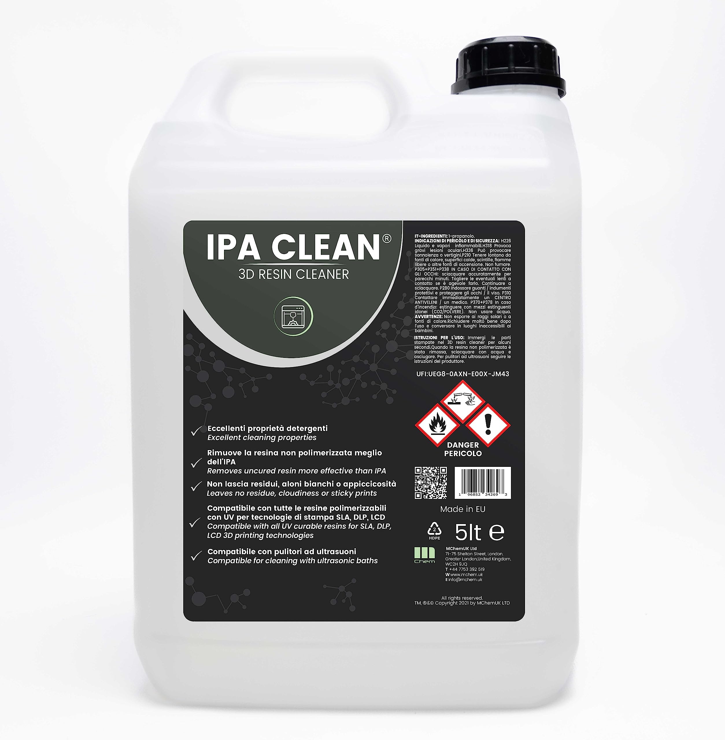 Ipa Clean 3D Resin Cleaner - Soluzione Detergente per Stampanti 3D a Resina - Pulisce piu' Efficace che Alcool Isopropilico. Lunga Durata. Lava Pulito in Pochi minuti, tanica da 5 litri