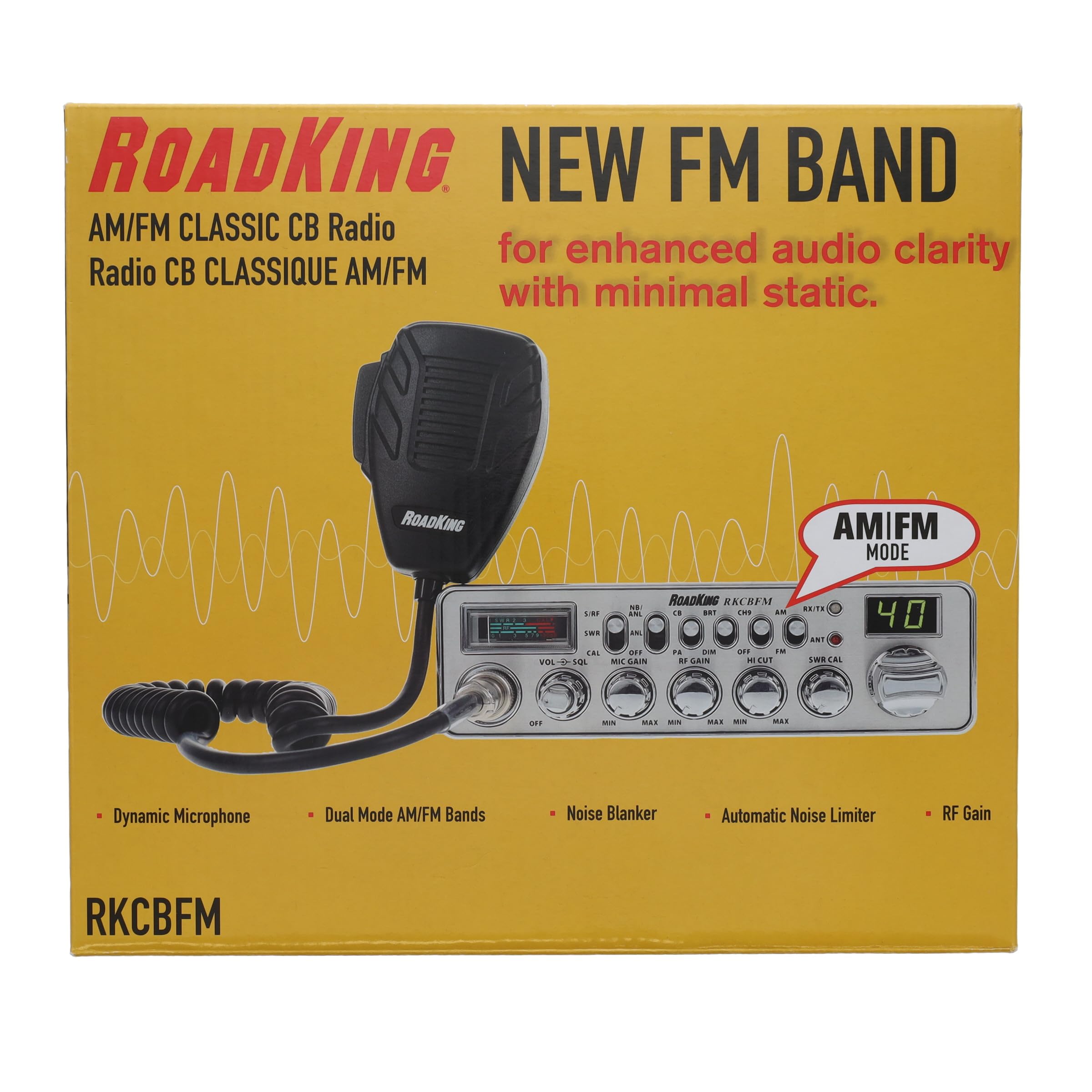 RoadKing RKCBFM Radio Am/FM CB Dual Mode pour Camionneurs Full 40 Canaux Pro Canal d'urgence CB avec Microphone à Annulation de Bruit, Grand Affichage, Couleur argentée