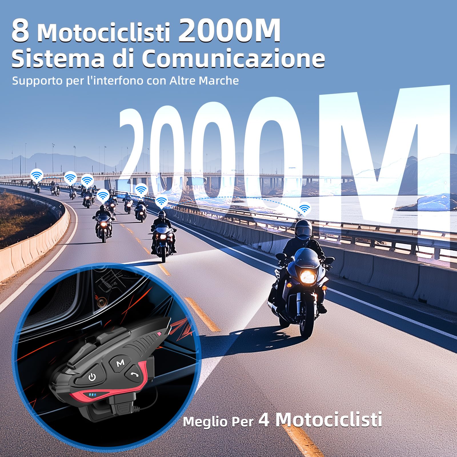 Moman Interfono Moto, CP-S Auricolare Casco Moto 8 Motociclisti 2000M Sistema di Comunicazione Connettività Universale con Radio FM Cancellazione del Rumore Condivisione Musica Impermeabile, Singolo