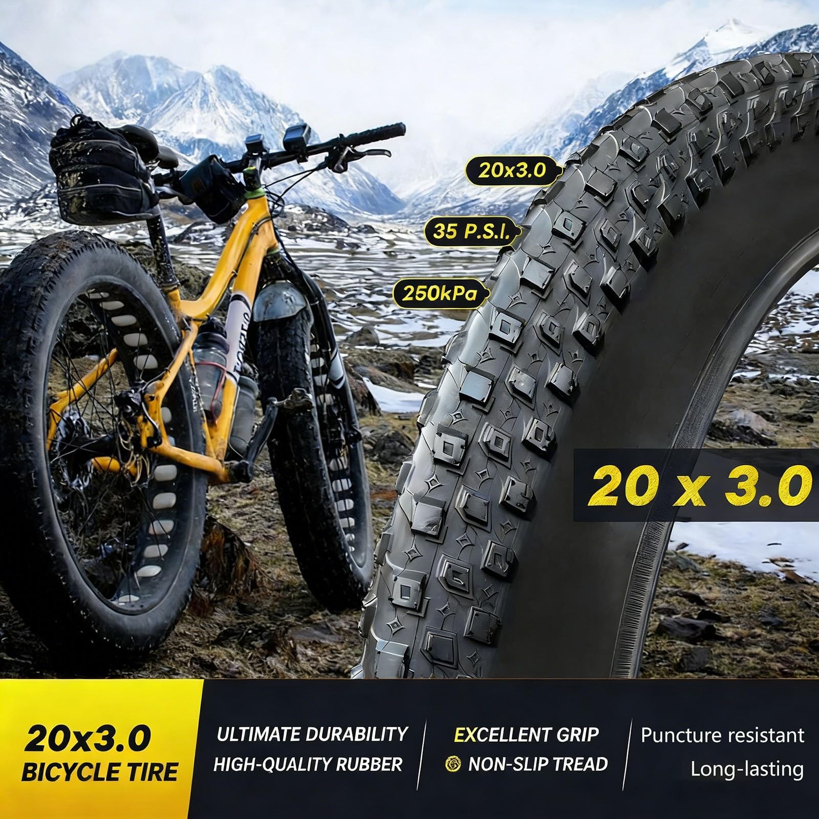 20x3.0 Opona Fat na E-Bike i Rower Górzysty | Odporna na Przekłucia, Szeroka Bieżnia z Wysokim Przyczepnością | Wszystkie Tereny Śnieg, Piasek, błoto