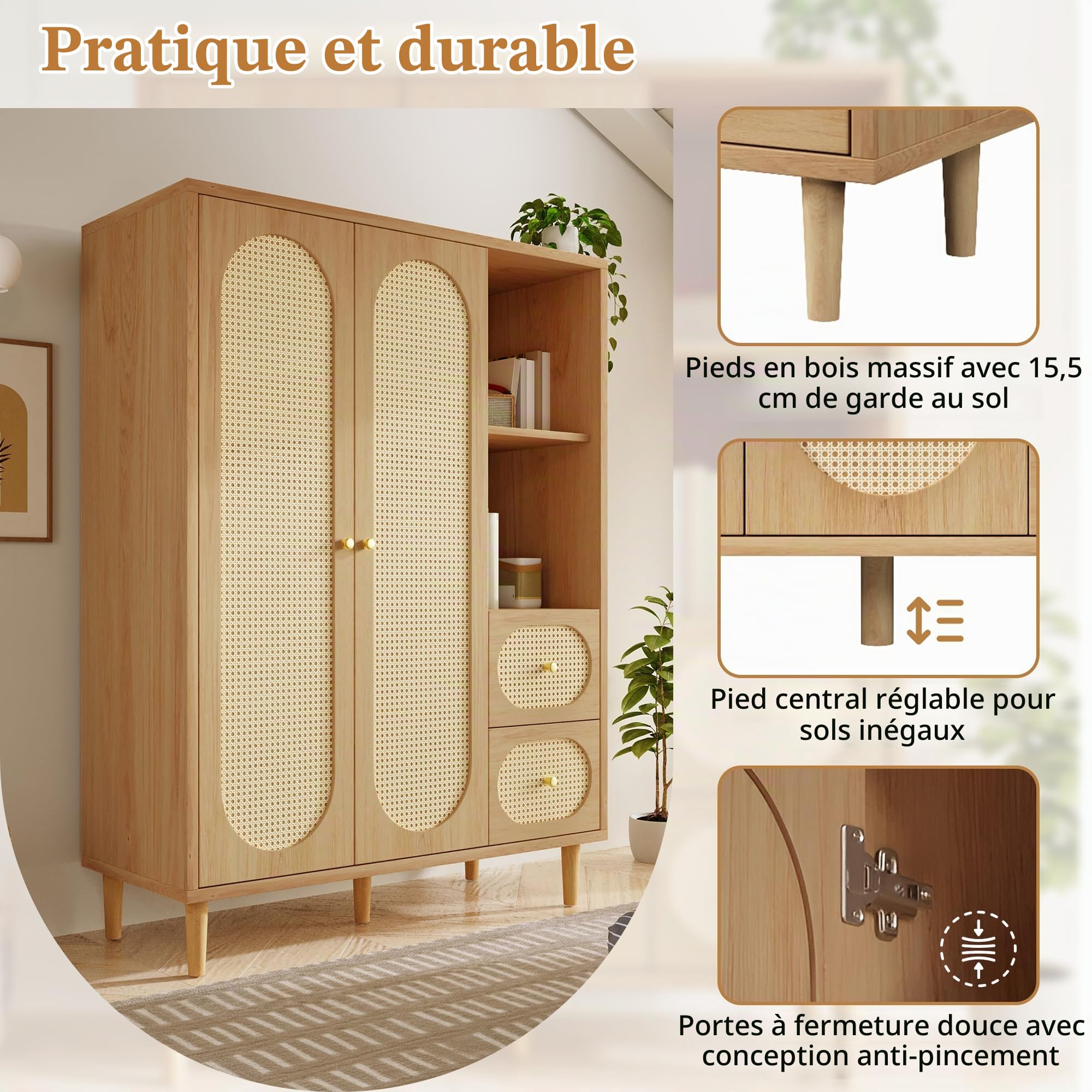 Zepneiy Armoire Chambre Adulte/Enfant en Chêne, Armoire de Rangement avec Penderie, Armoire en Rotin à 2 Portes avec 2 Tiroirs et étagères Ouvertes, Bois 161 x 120 x 44 cm